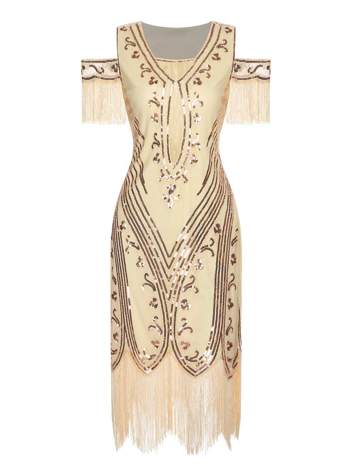1920s Cold Shoulder Embroidered Fringe Sequins Dress - Image 5