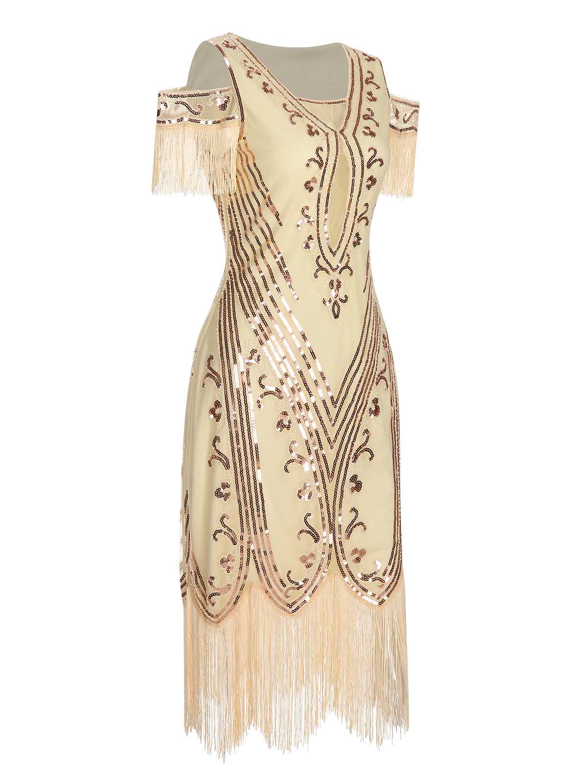 1920s Cold Shoulder Embroidered Fringe Sequins Dress - Image 6