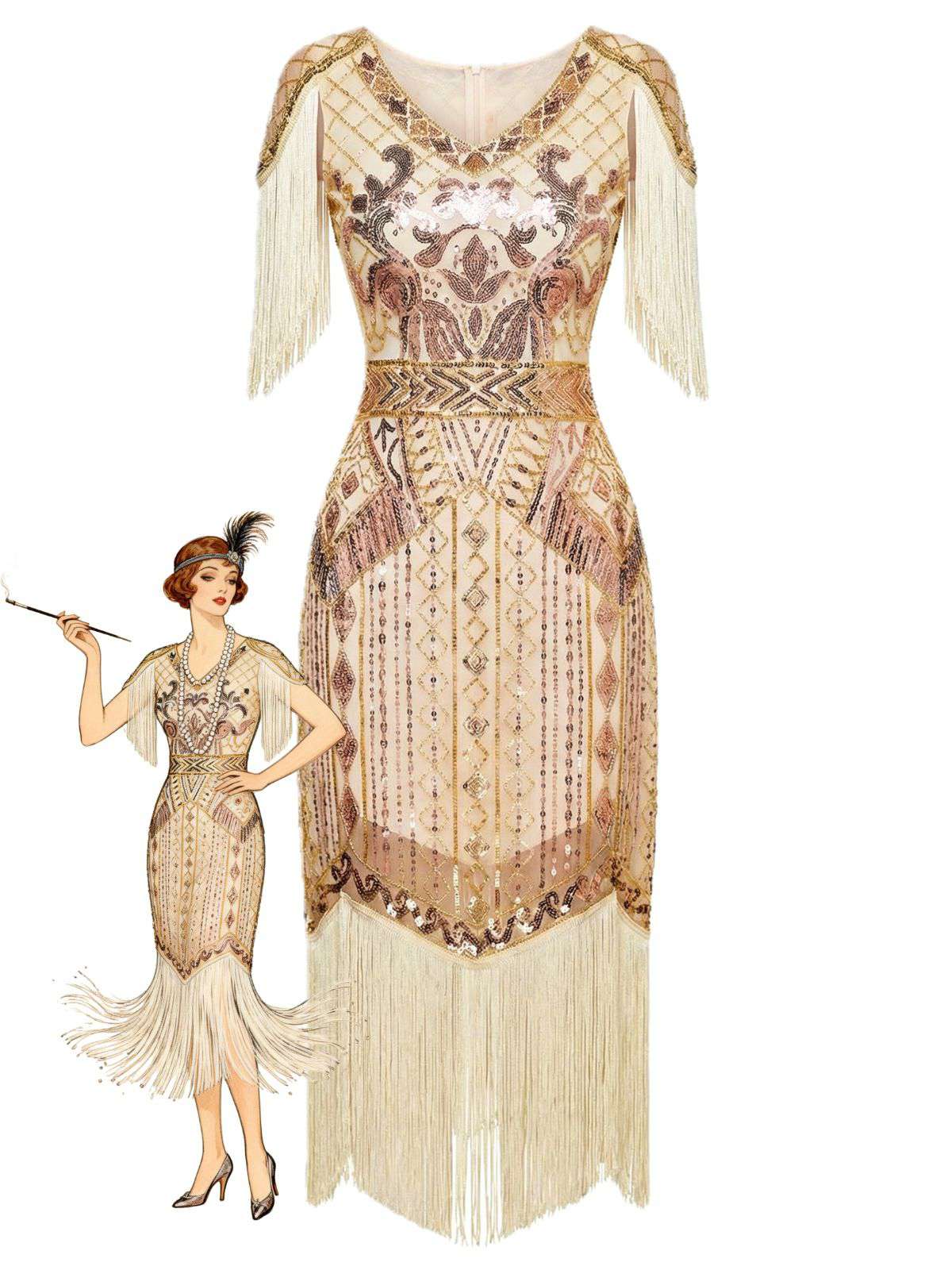 1920s Sequin Fringe Flapper V-Neck Dress - Image 5
