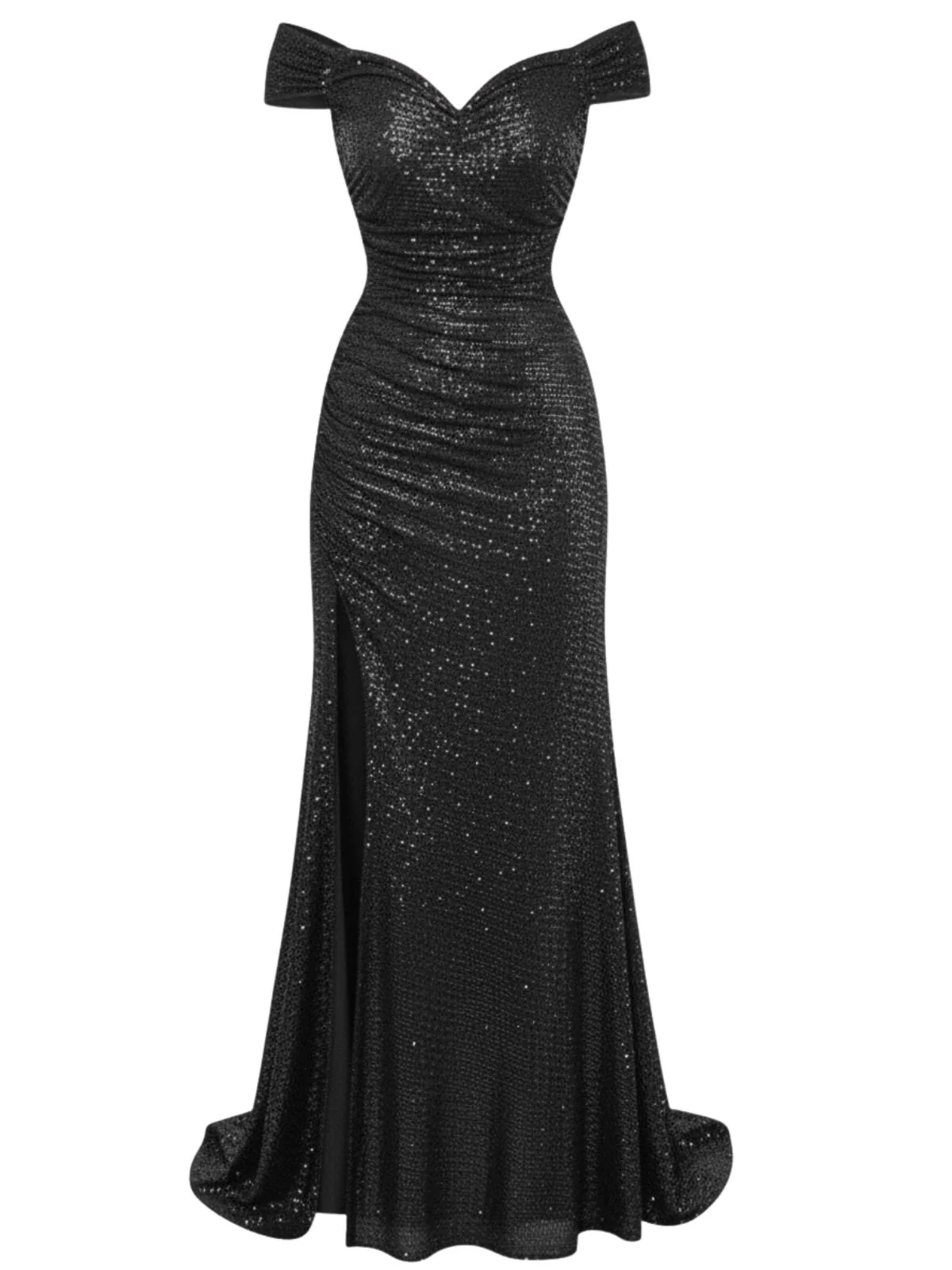 1930s Off-Shoulder Glitter Slit Maxi Dress - Image 8