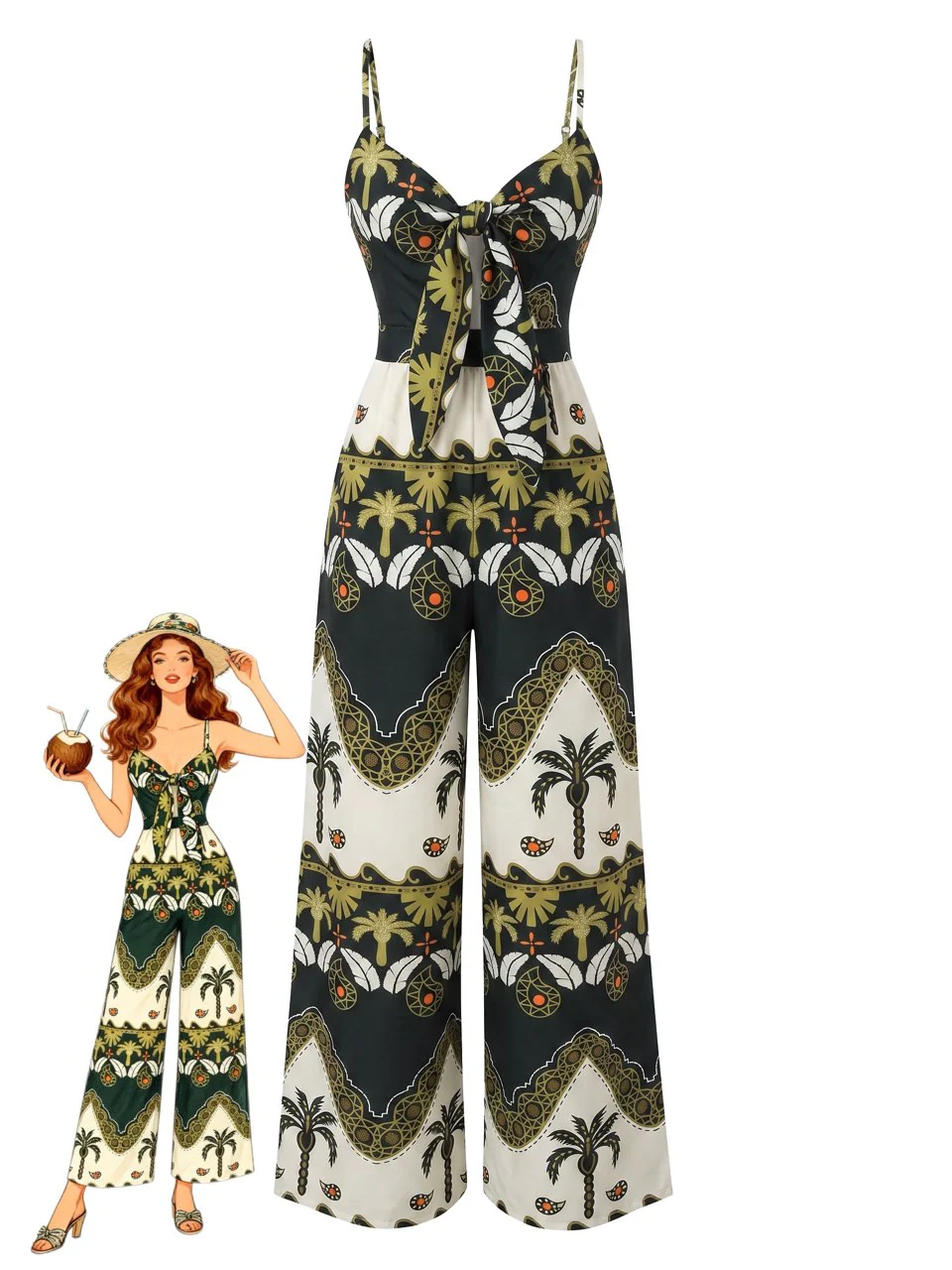 1930s Palm Tree Bow-Front Spaghetti Strap Jumpsuit