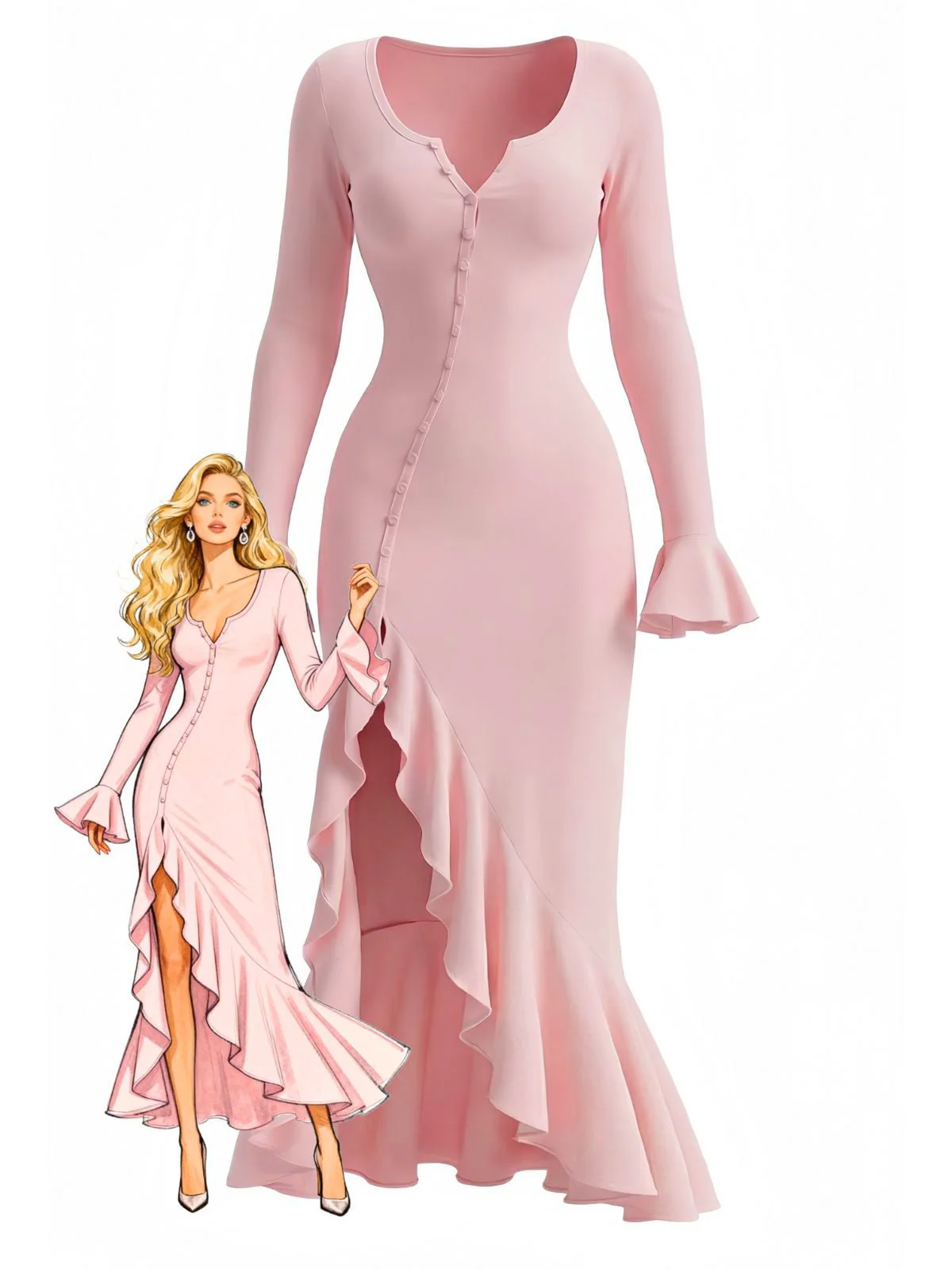 1930s Ruffled Button Side Slit Midi Dress
