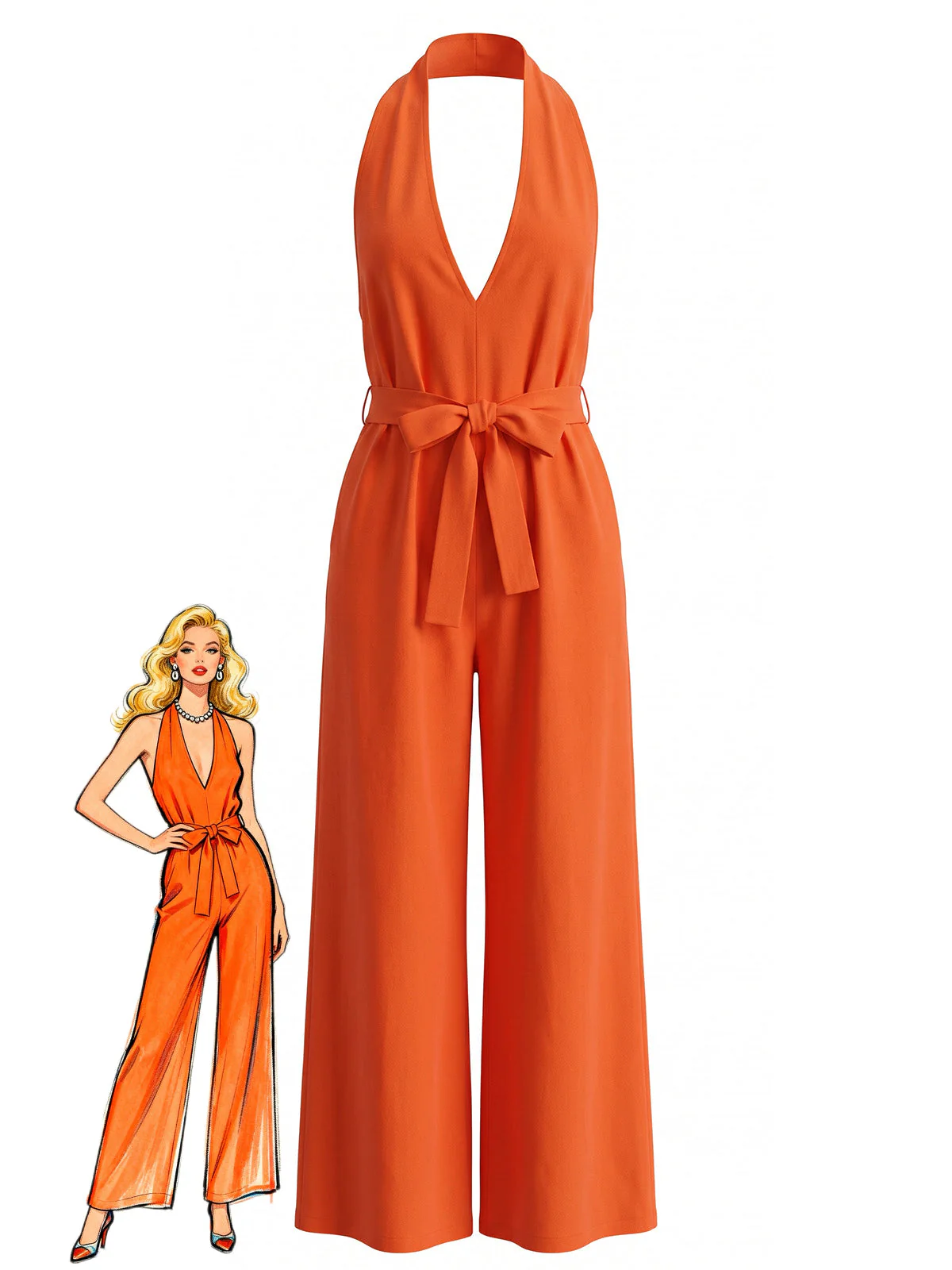 1930s Solid Halter Deep V-Neck Belted Wide Leg Jumpsuit