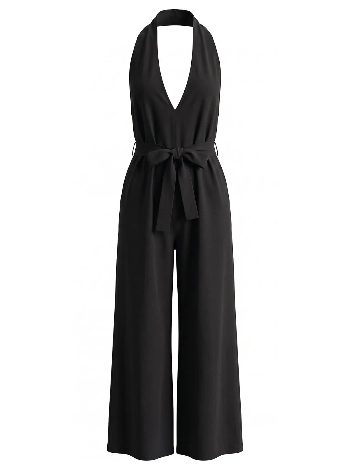 1930s Solid Halter Deep V-Neck Belted Wide Leg Jumpsuit - Image 4