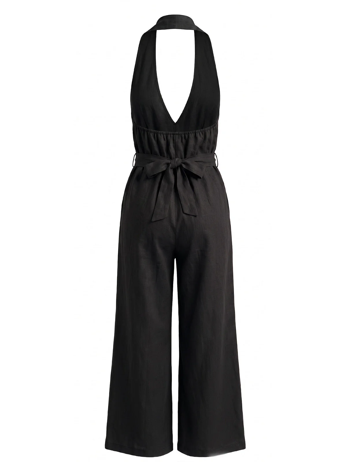 1930s Solid Halter Deep V-Neck Belted Wide Leg Jumpsuit - Image 5