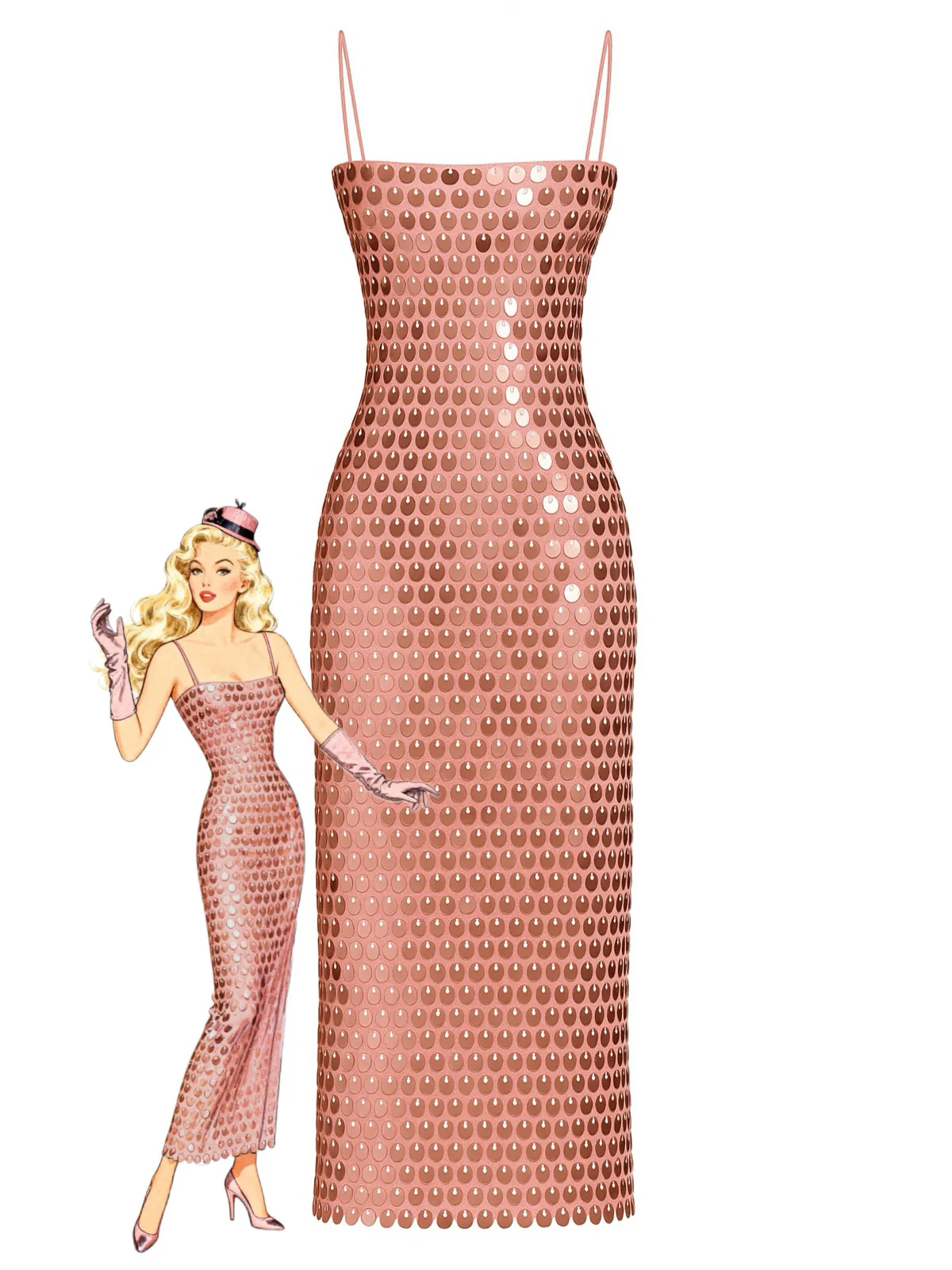 1930s Solid Sequined Back Slit Spaghetti Strap Dress