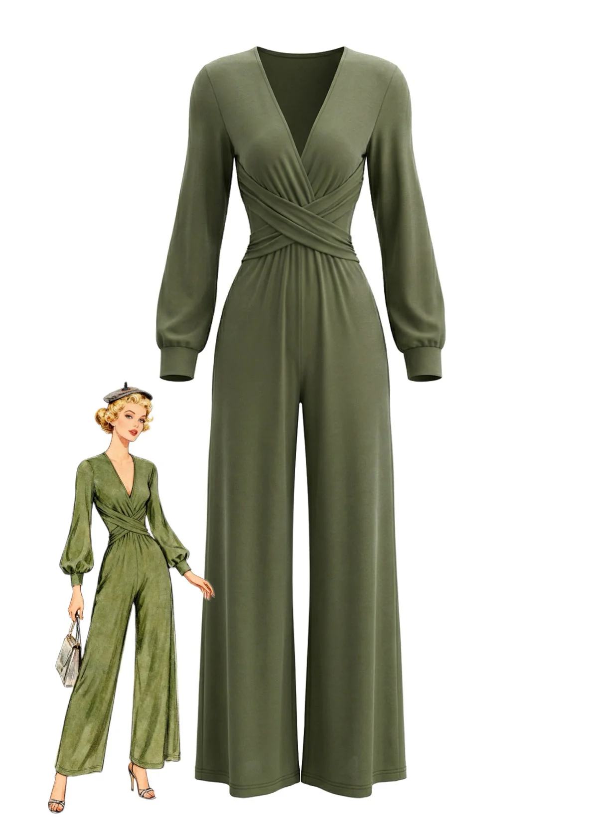 1930s Solid Wrap Front Long Sleeve Jumpsuit
