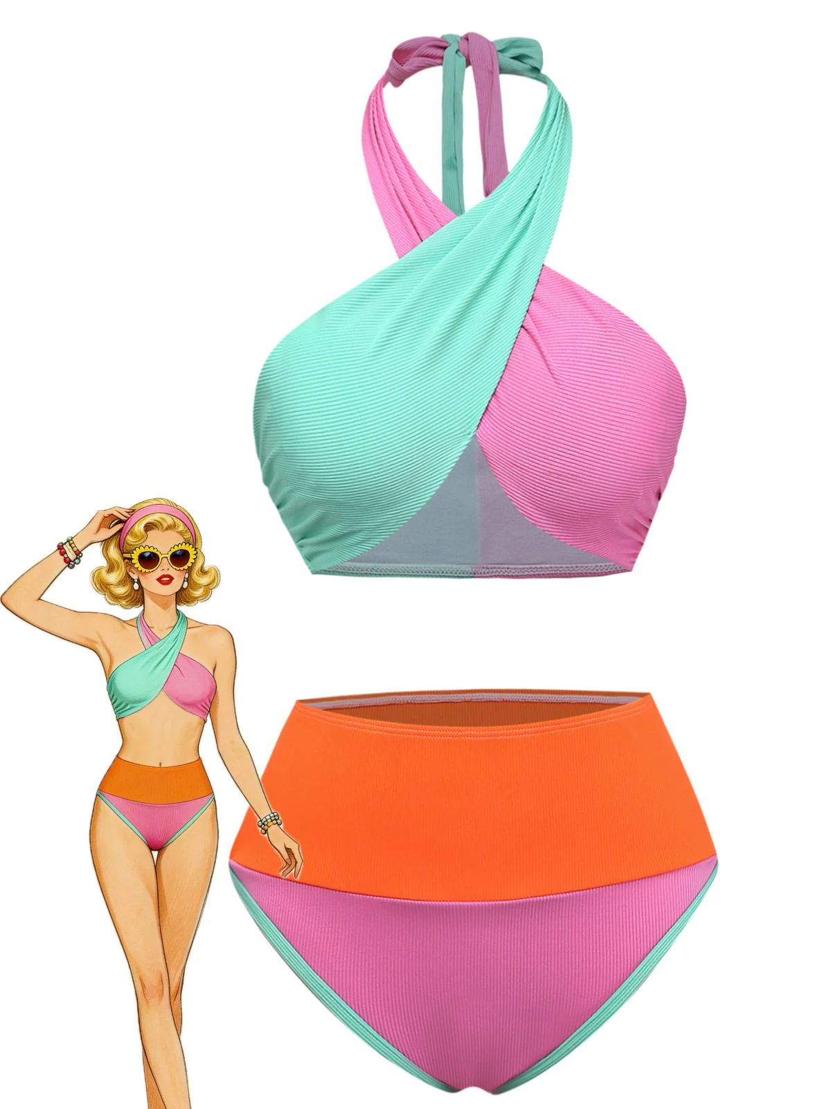 1940s Color-Block Halter High-Waisted Bikini Set