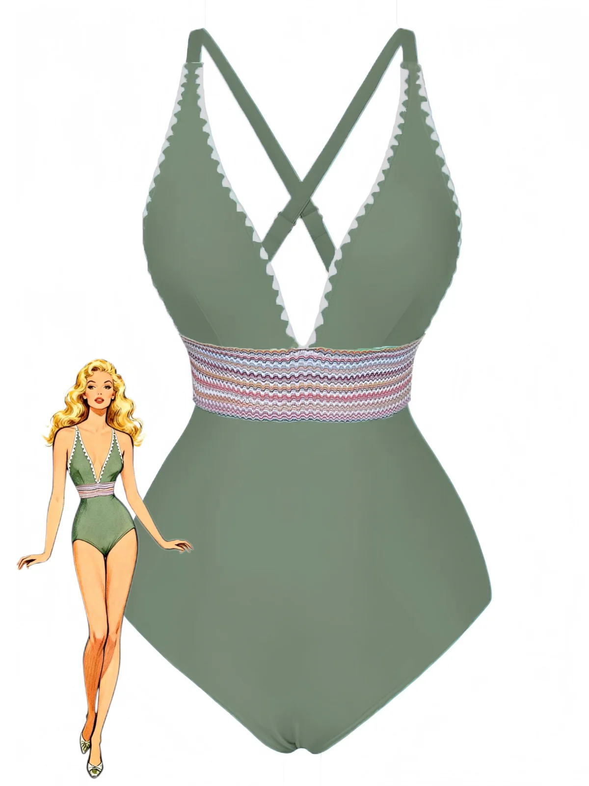 1940s Deep V-Neck Wavy Patchwork One-Piece Swimsuit