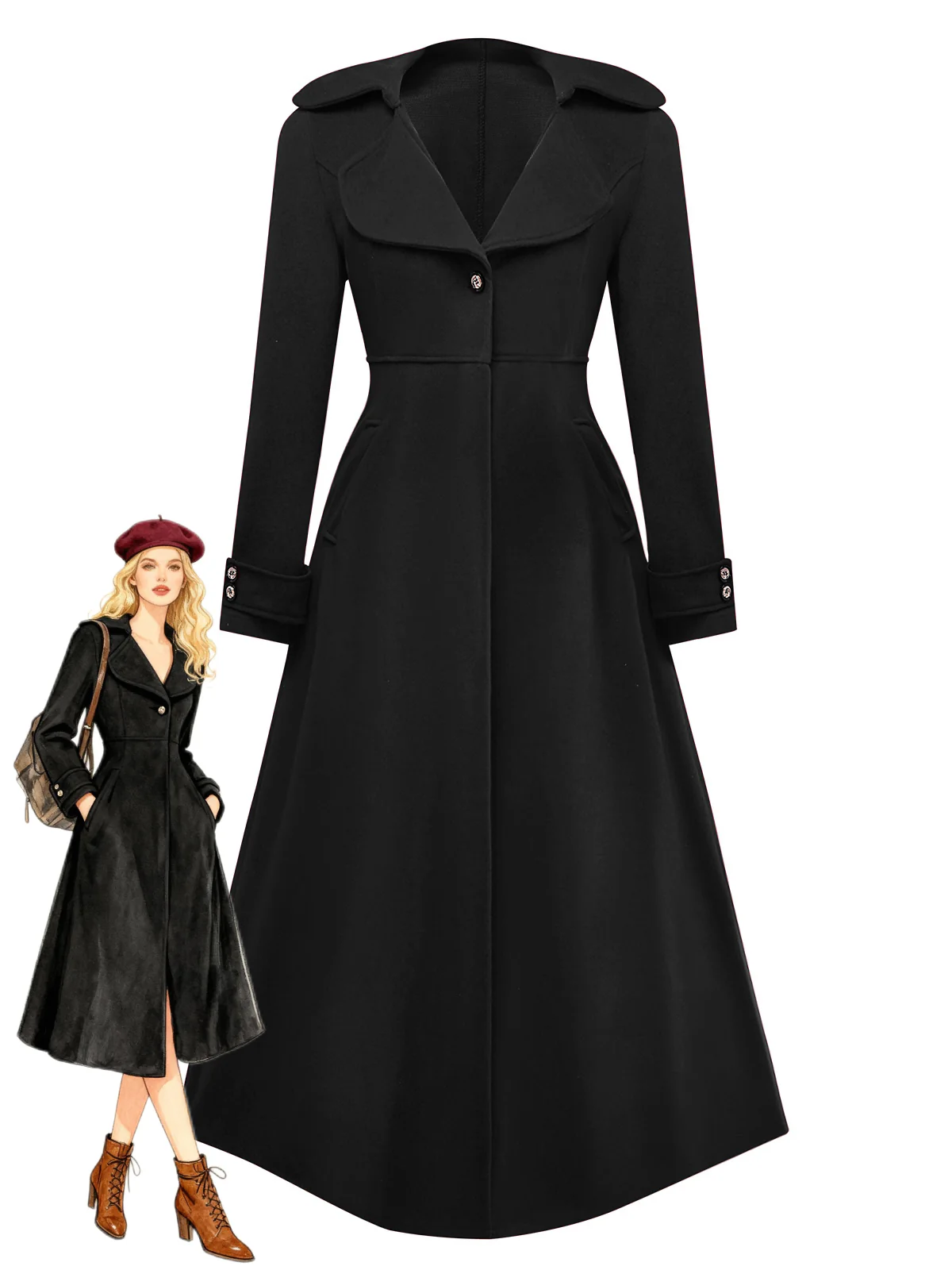 1940s Faux-Wool Notched Collar Long Coat