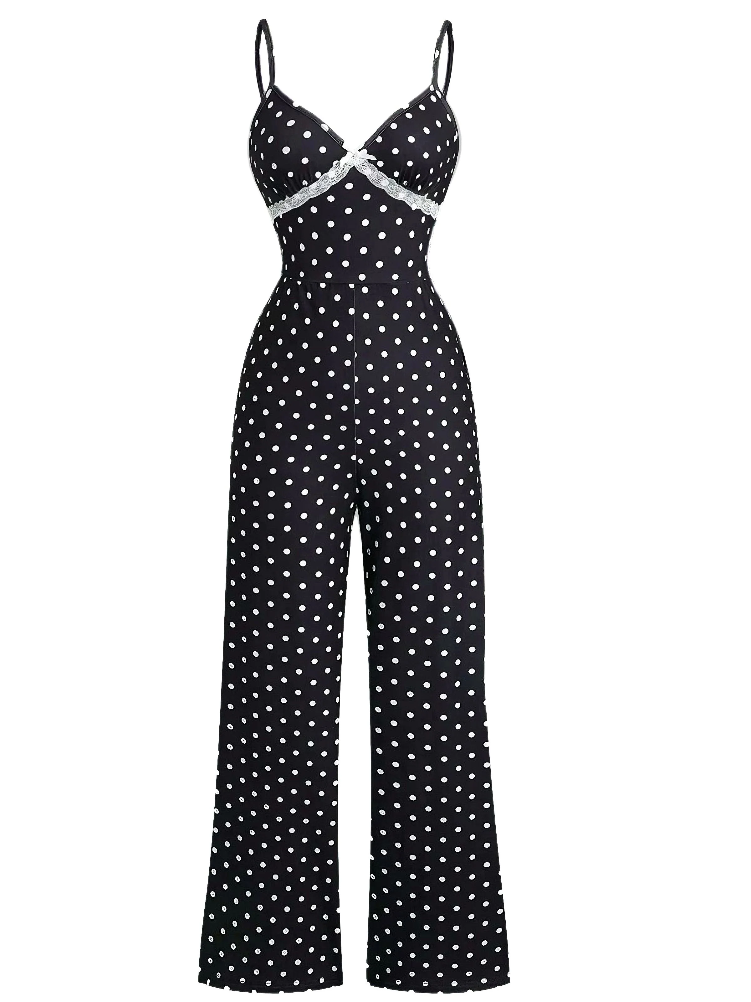 1940s Polka Dot Lace Trim Strap Jumpsuit