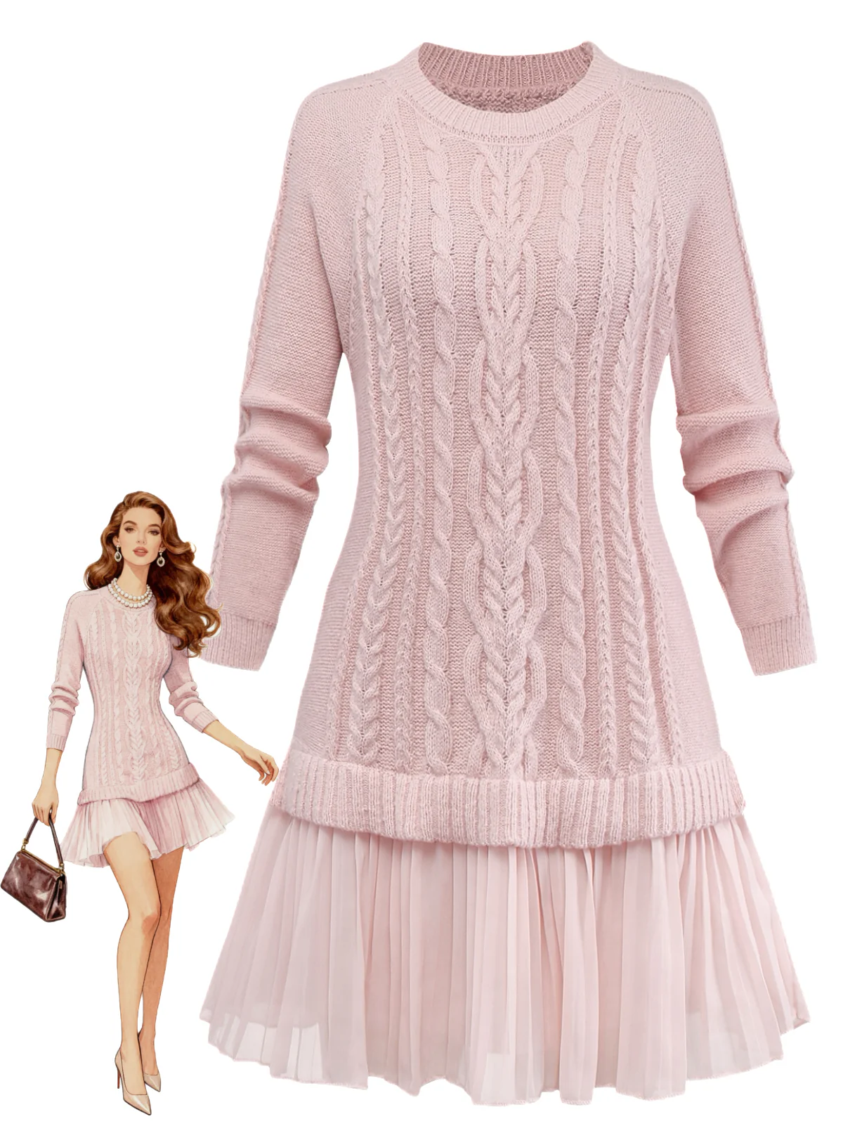 1940s Solid Cable Knit Pleated Hem Sweater Dress