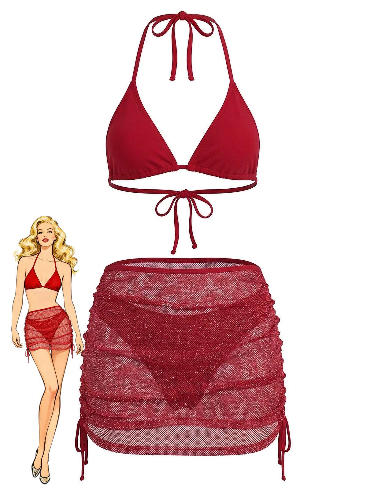 1940s Solid Halter Bikini Set & Crochet Cover-Up