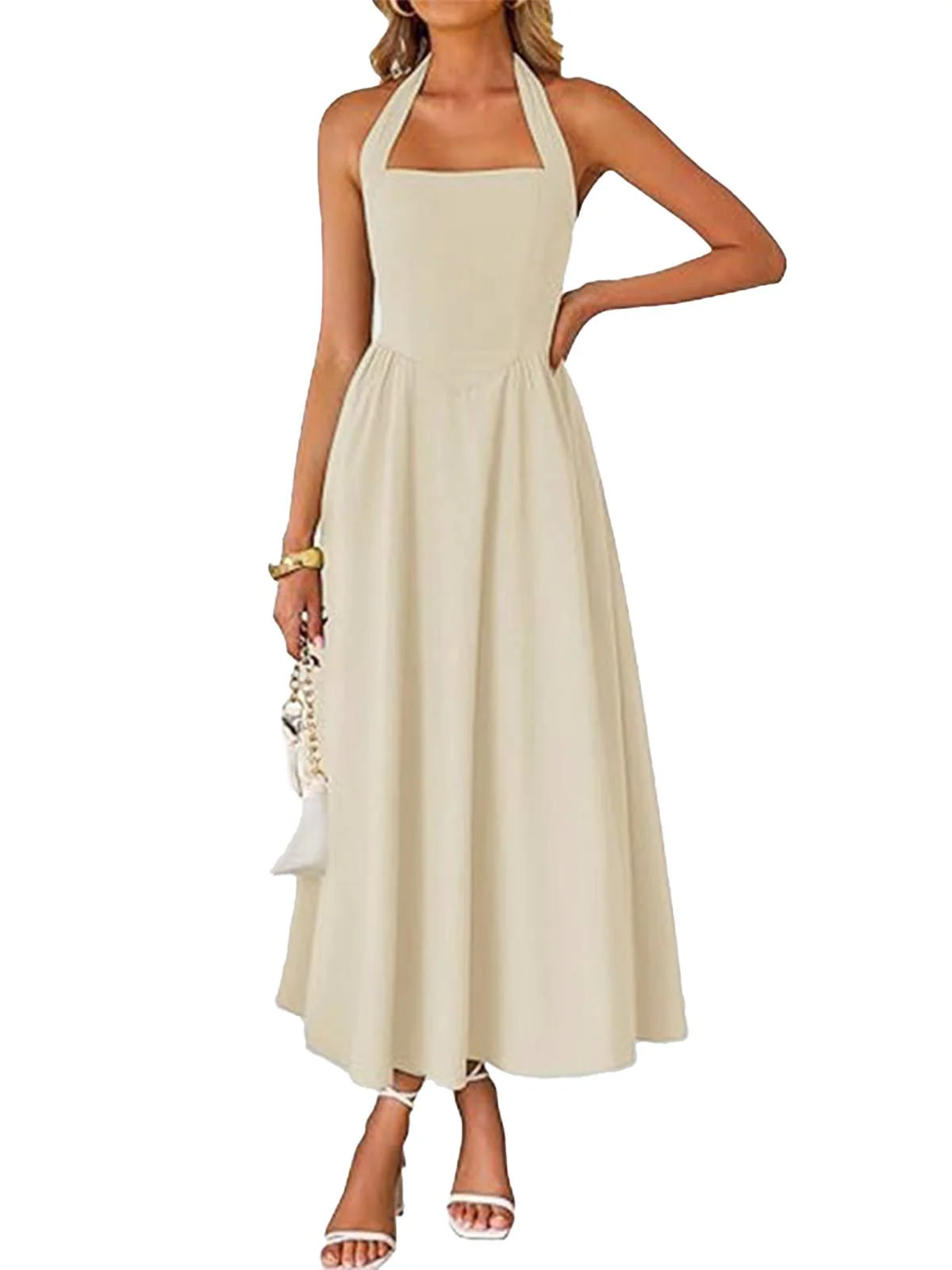 1940s Solid Wide-Strap Halter Backless Dress