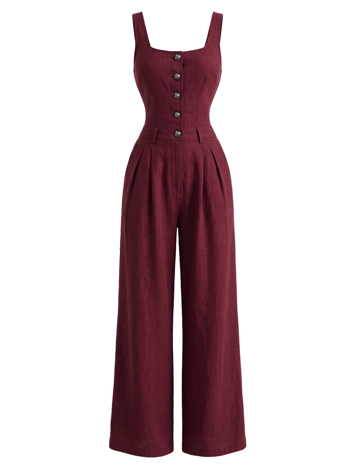 1940s Square Neck Sleeveless Buttoned Solid Jumpsuit - Image 2