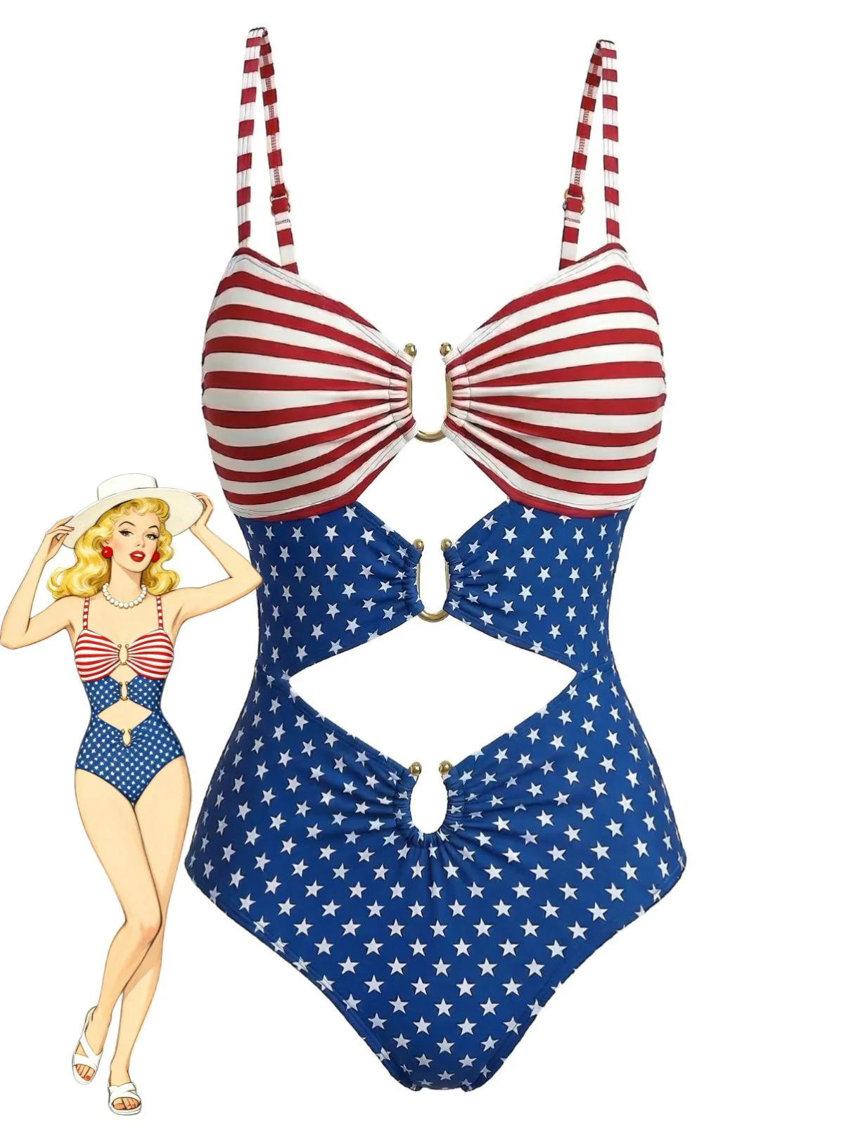 1940s Stars Striped Cutout One-Piece Swimsuit
