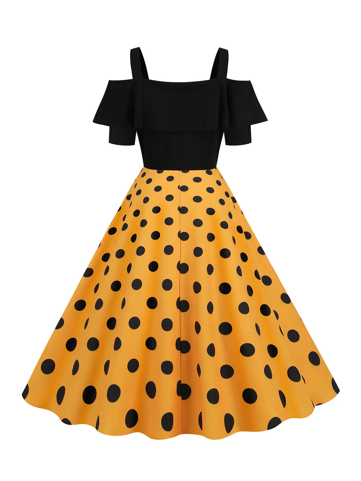 1950s Black Patchwork Polka Dot Strap Dress - Image 5