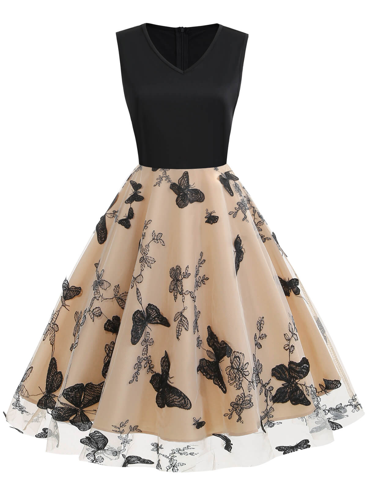 1950s Butterfly Embroidered Mesh Patchwork Dress