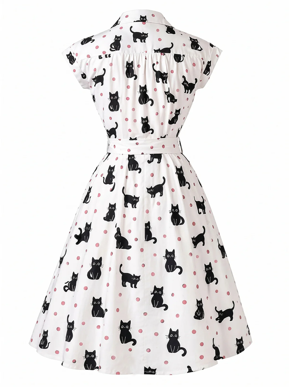 [Pre-Sale] 1950s Cat Polka Dot Belted Shirt Dress - Image 3