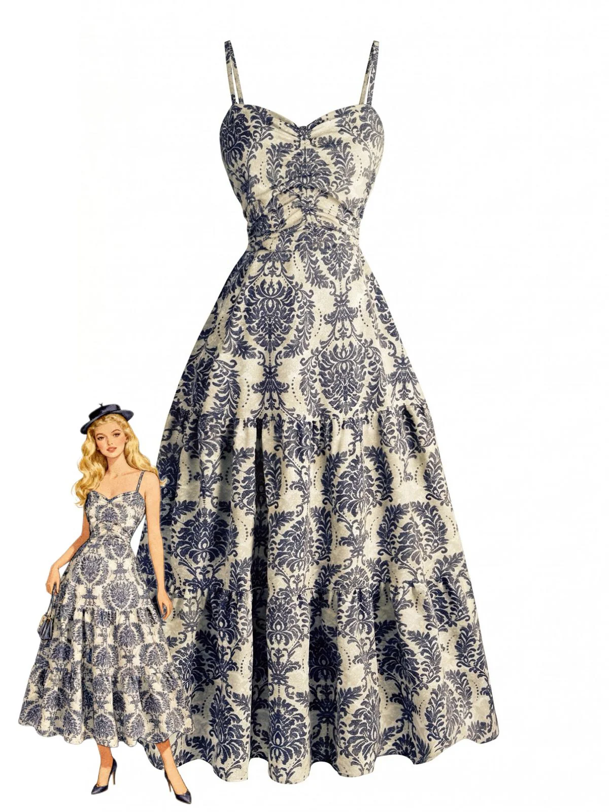 1950s Damask Spaghetti Strap Sweetheart A-Line Dress