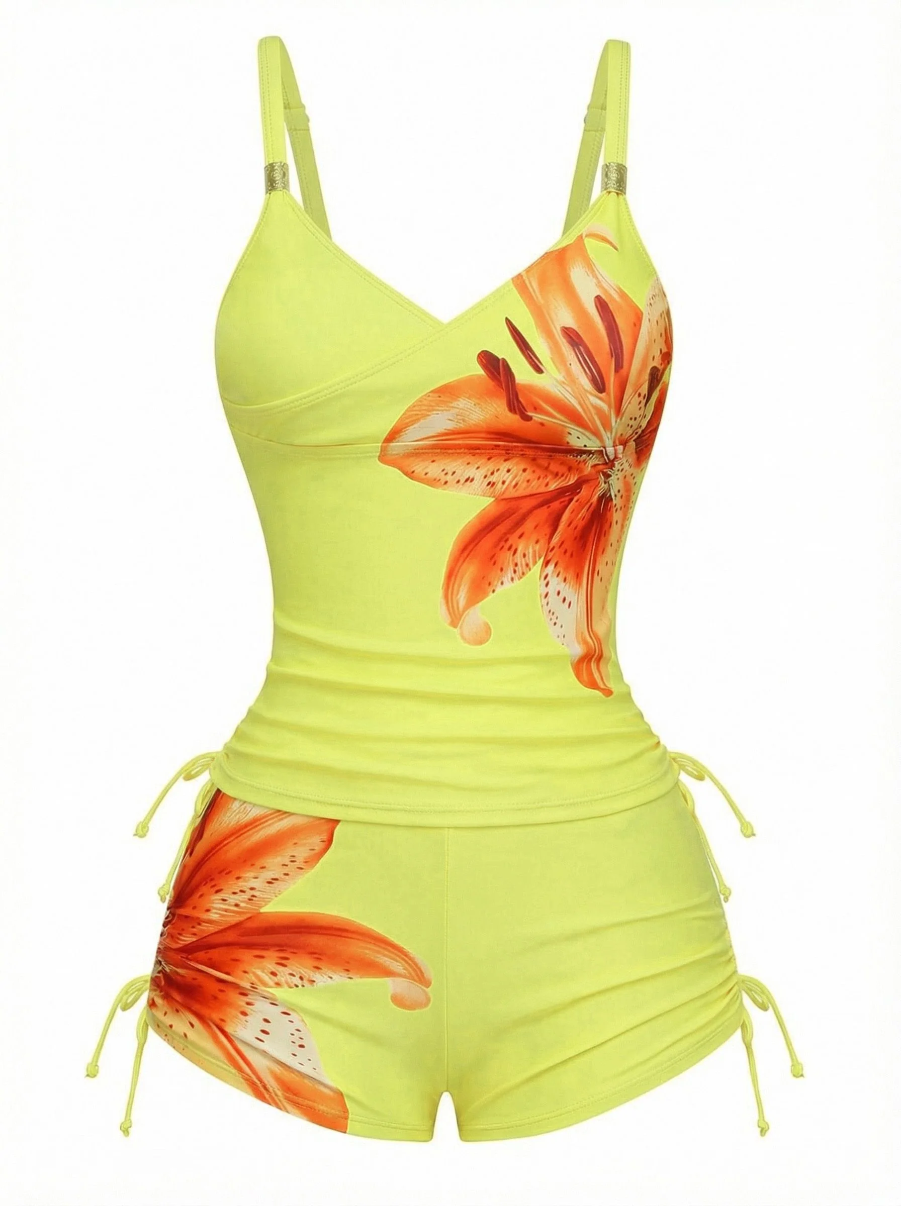 1950s Floral Solid Lace-Up Tankini Set - Image 11