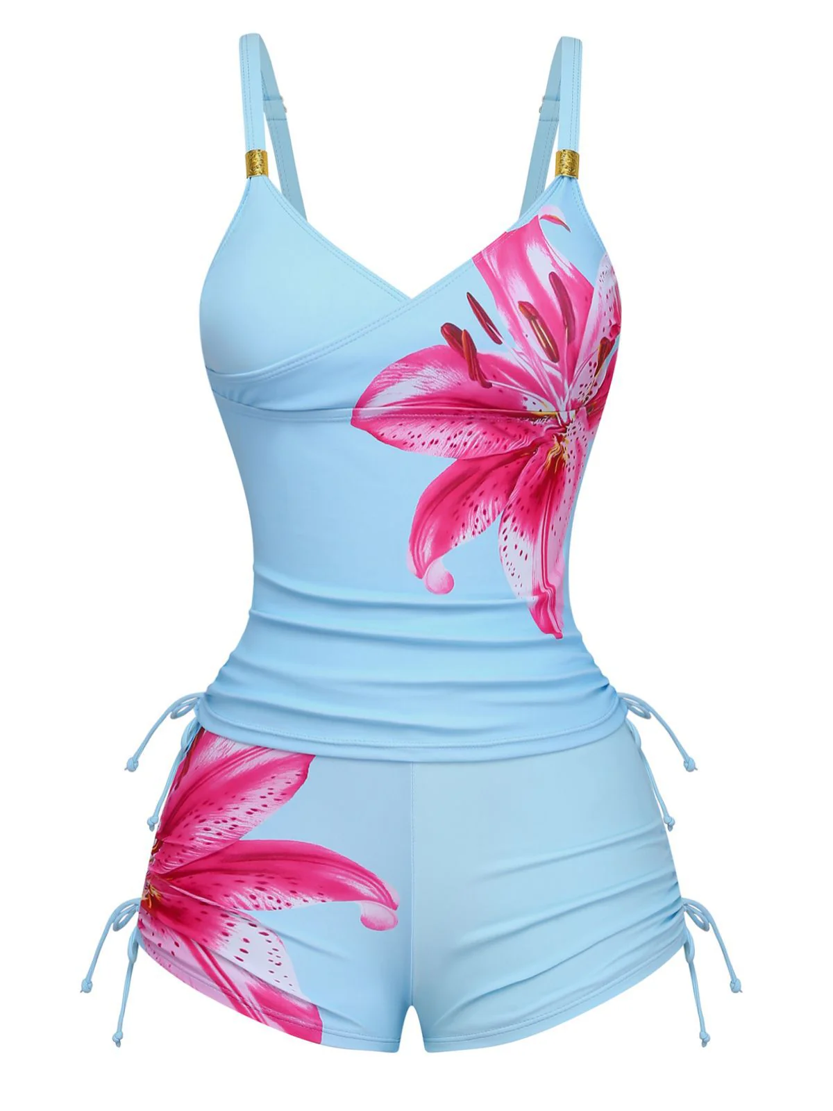 1950s Floral Solid Lace-Up Tankini Set - Image 2