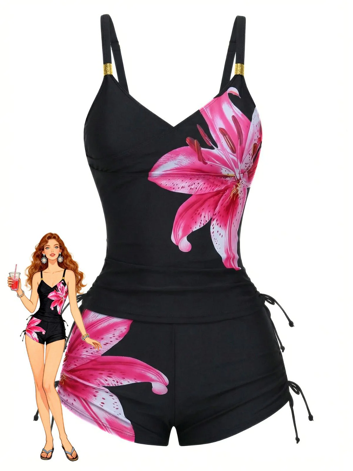 1950s Floral Solid Lace-Up Tankini Set - Image 7