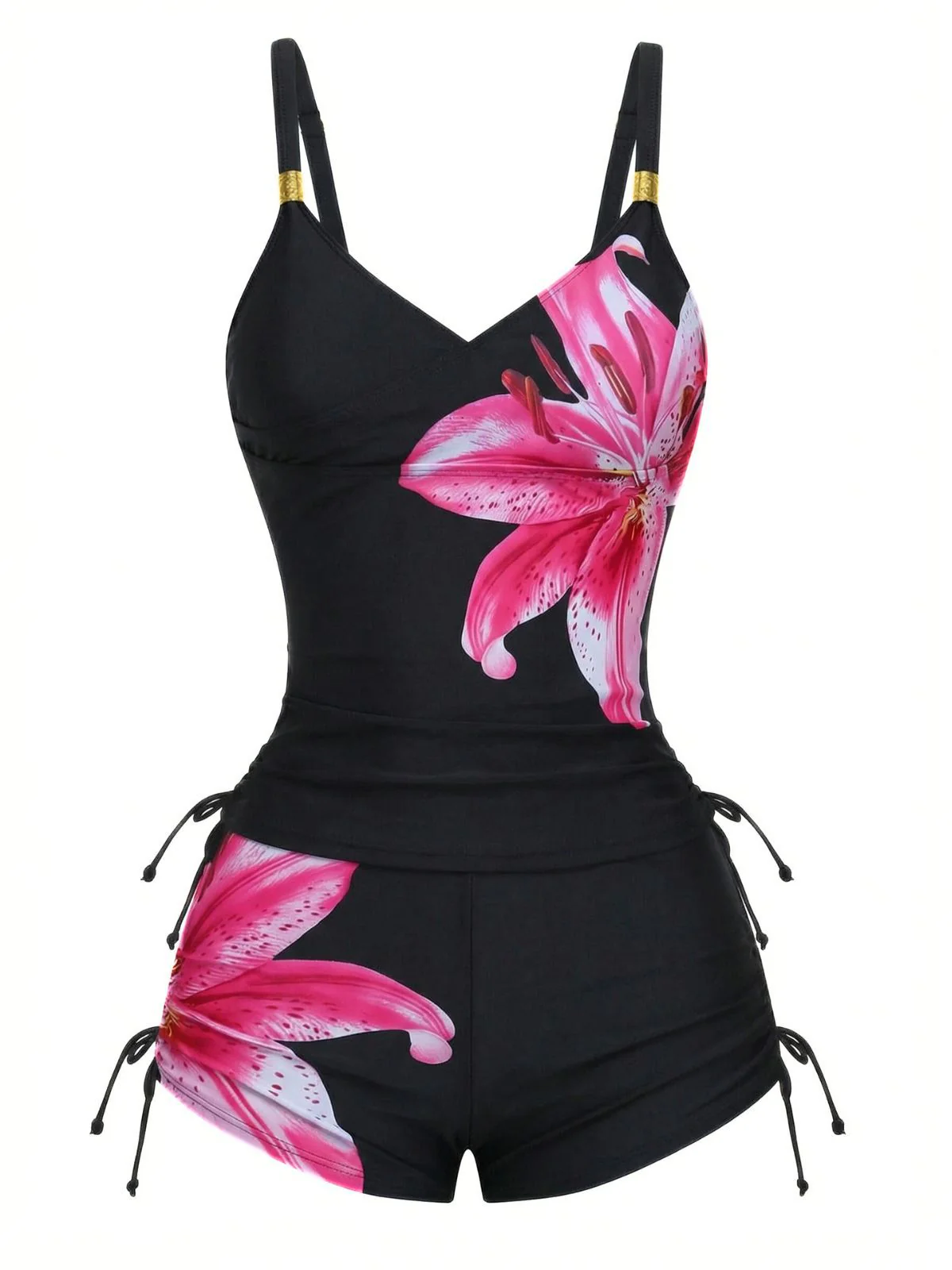 1950s Floral Solid Lace-Up Tankini Set - Image 8