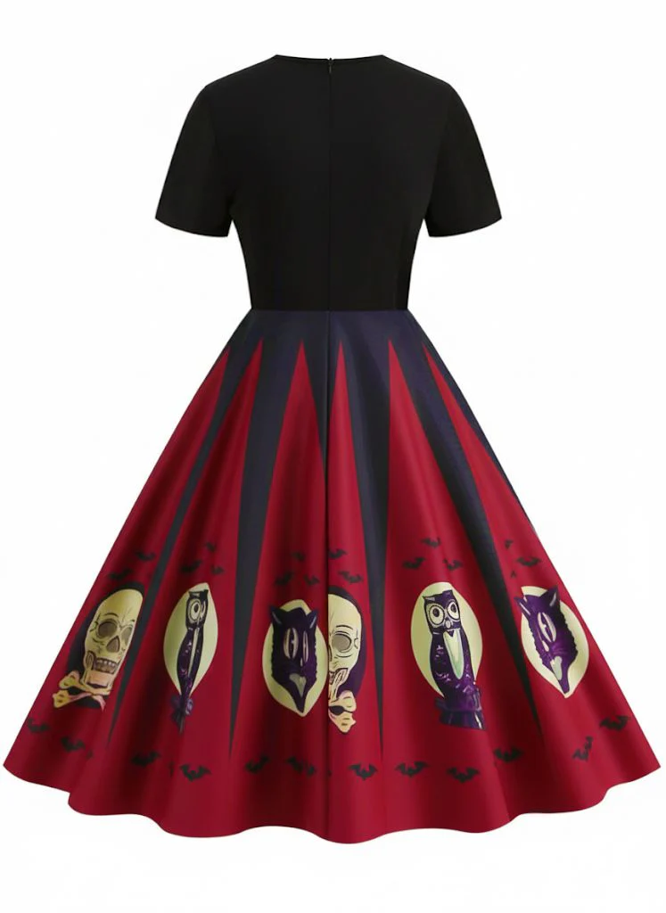 [Pre-Sale] 1950s Halloween Spider Web Print Patchwork Dress - Image 3