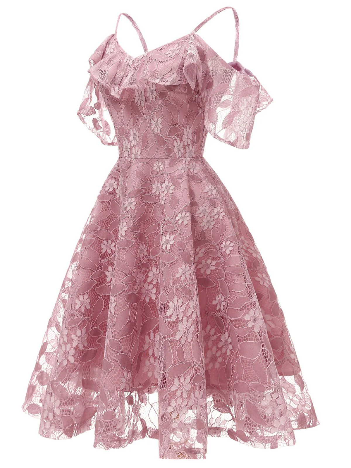1950s Lace Cold Shoulder Ruffle Dress - Image 12