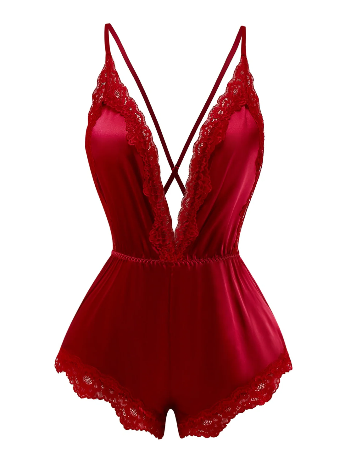 1950s Lace Satin Deep V Backless Sleep Romper