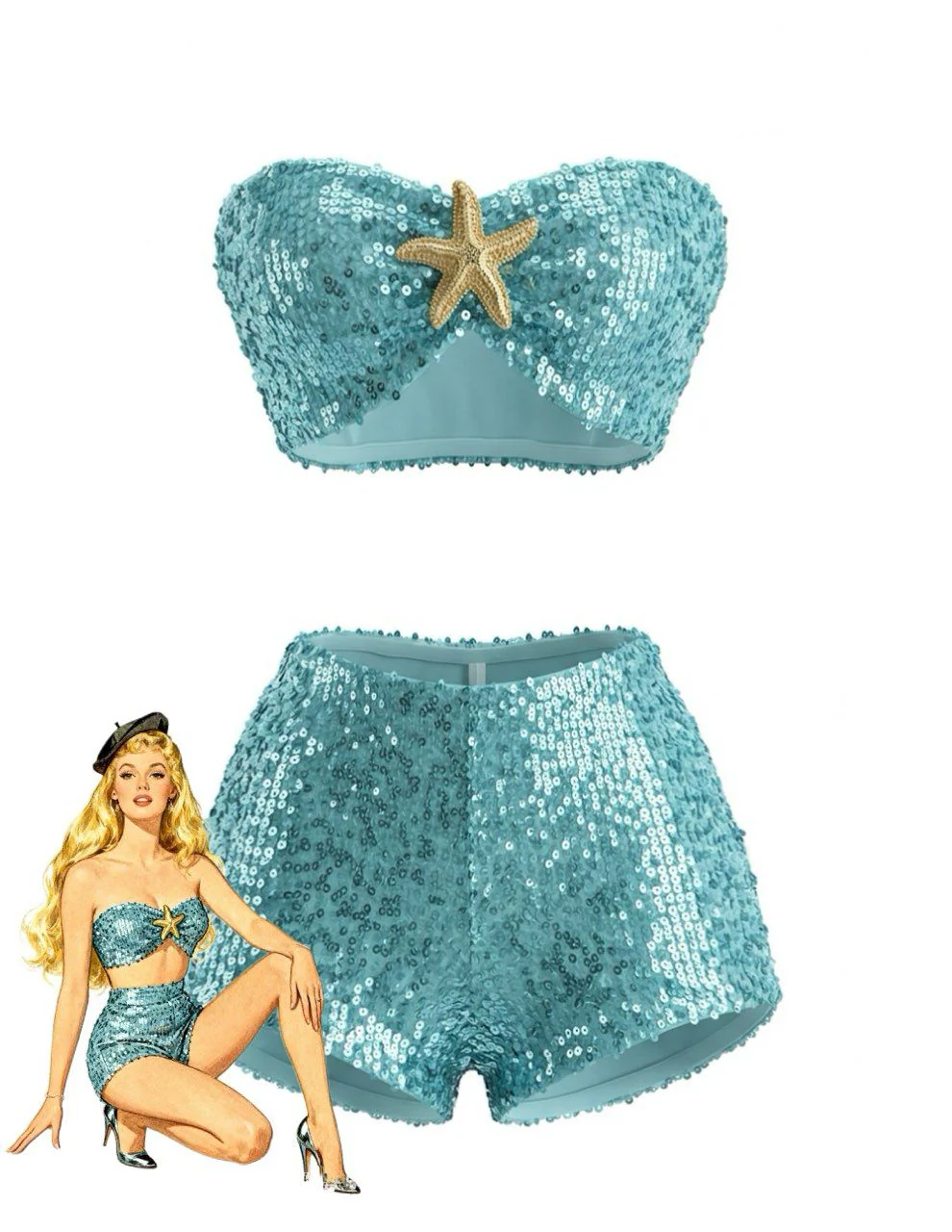 1950s Sequin Starfish Bandeau Bikini Set