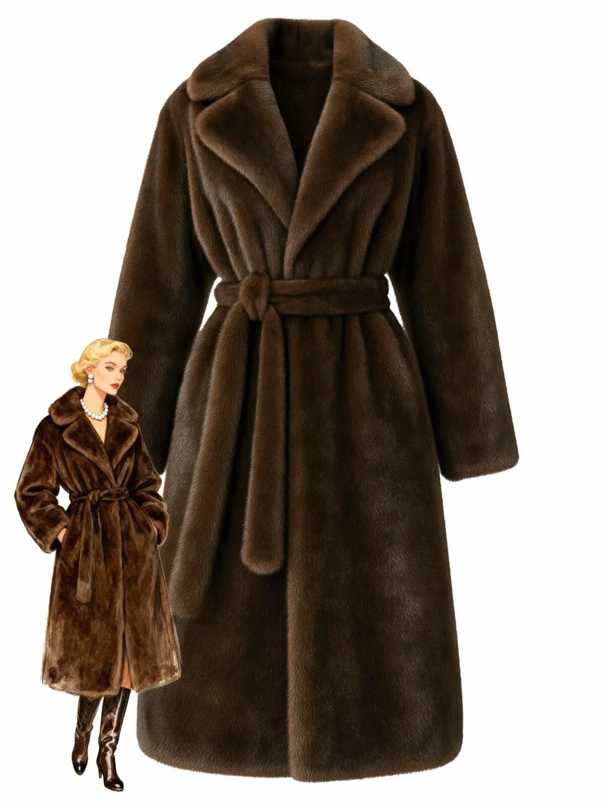 1950s Solid Lapel Artifical Fur Robe Coat