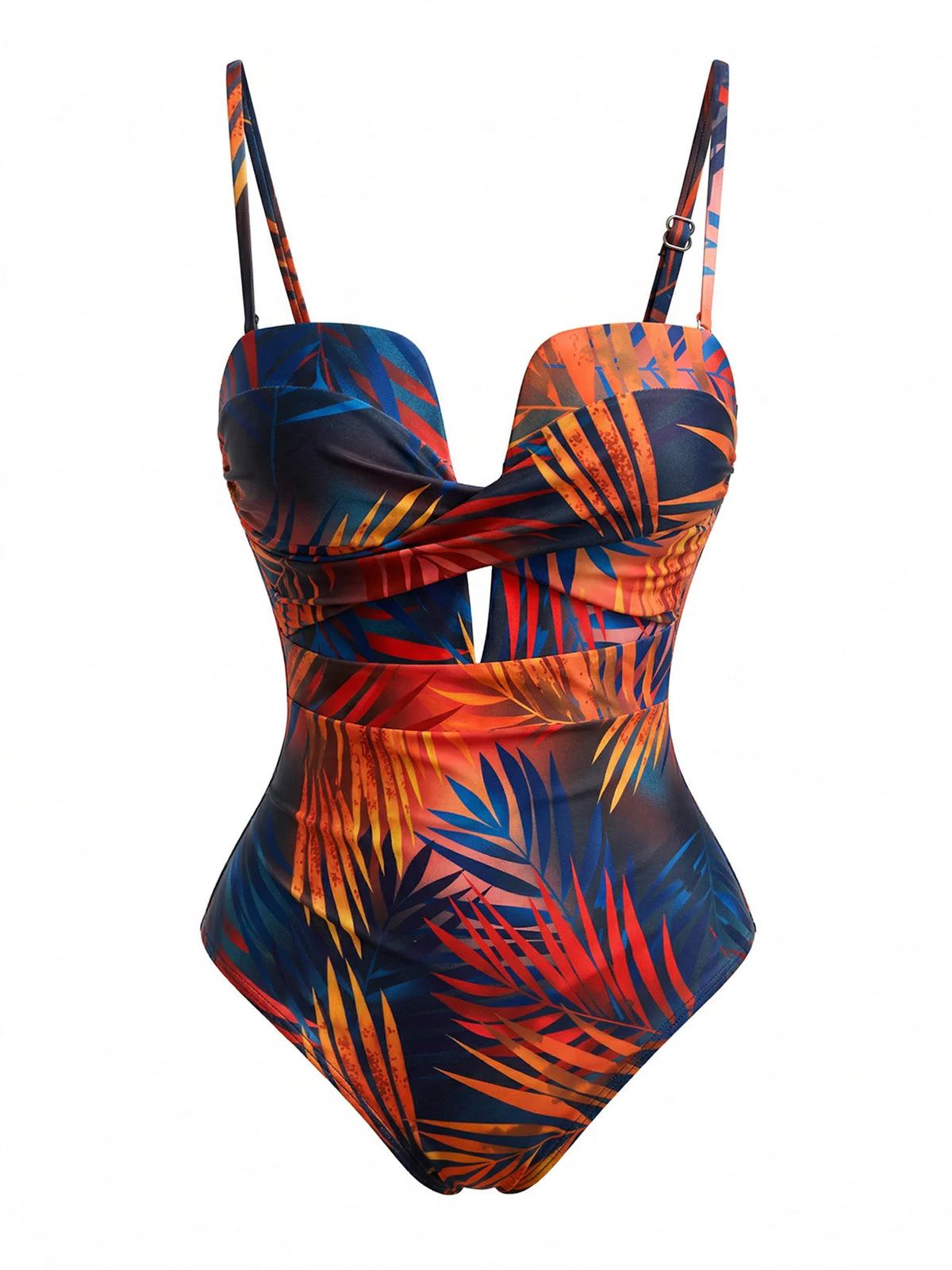 1950s Twist Front Tropical Leaf Print One-Piece Swimsuit