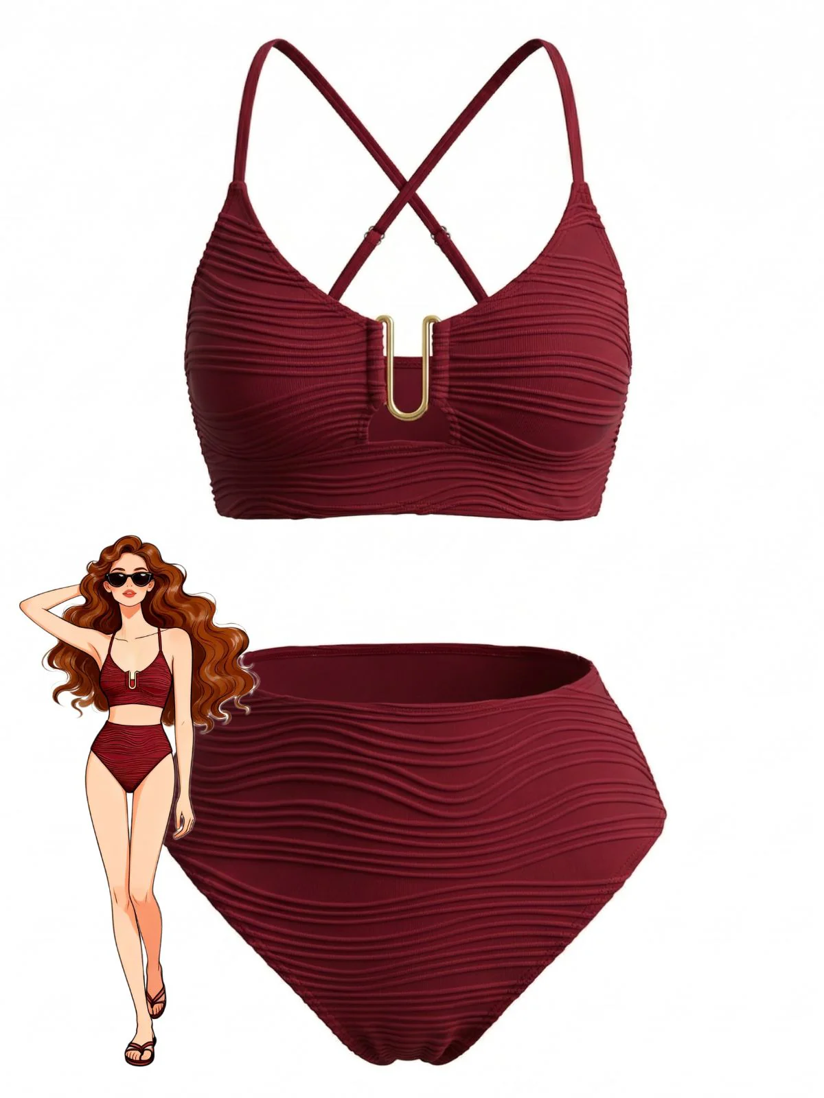 1950s U-Shaped Metal Solid High Waist Tankini Set - Image 2