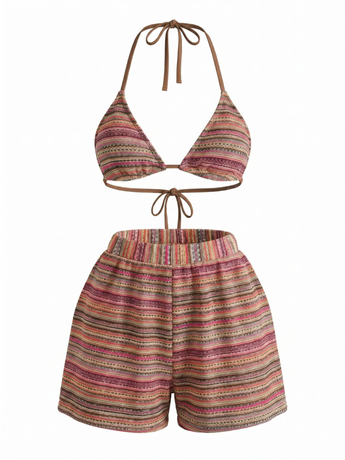 1960s Knitted Striped Halter Triangle Bikini Set