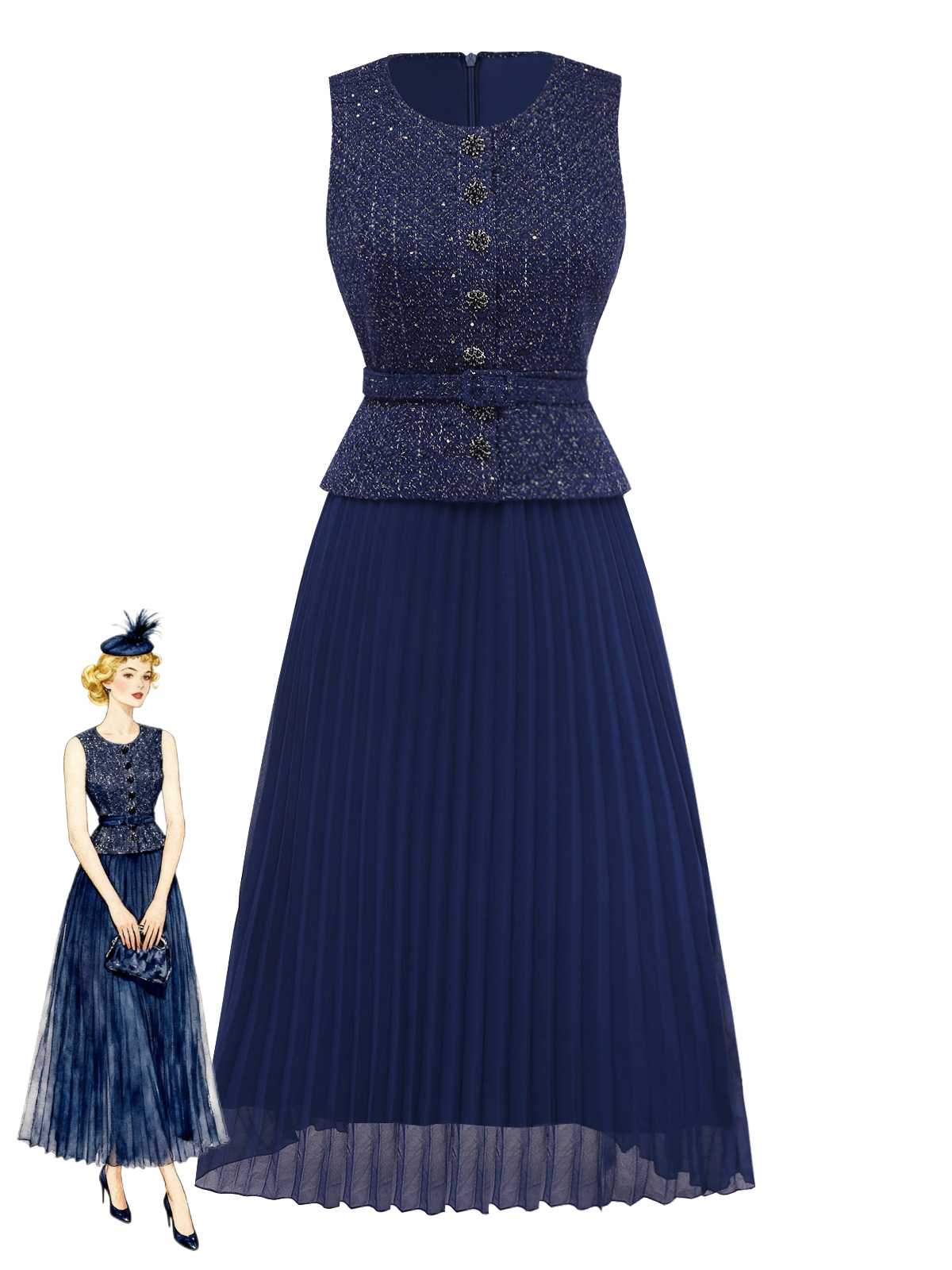 1960s Pearl Button Belted Sleeveless Pleated Dress