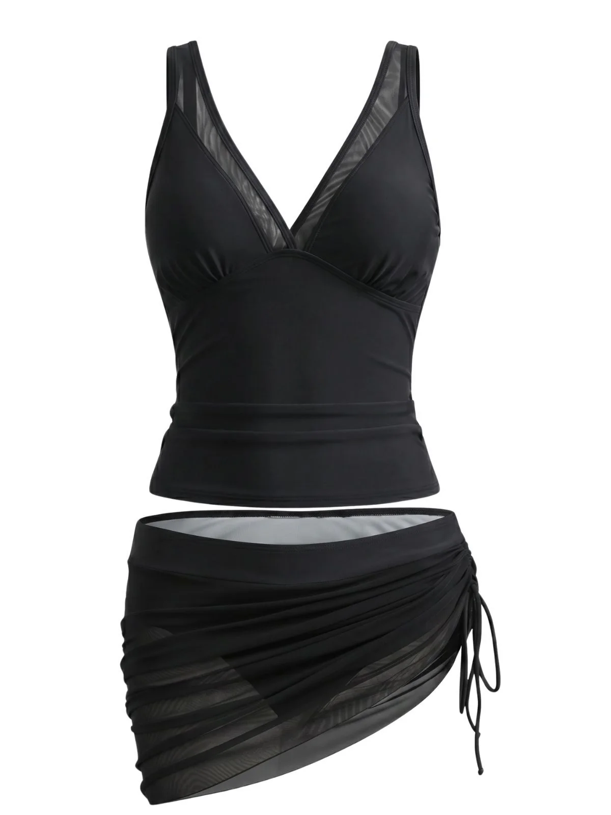 1960s Solid Mesh V-Neck Tankini Set & Ruched Skirt - Image 7