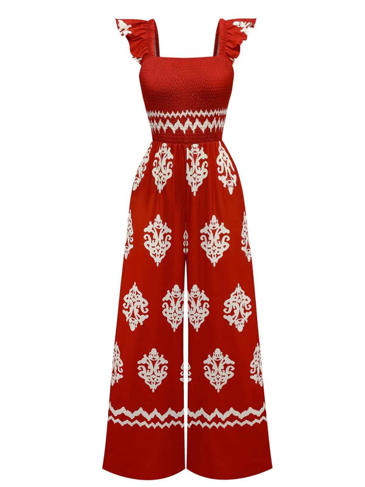 1970s Boho Geometric Print Square Neck Jumpsuit