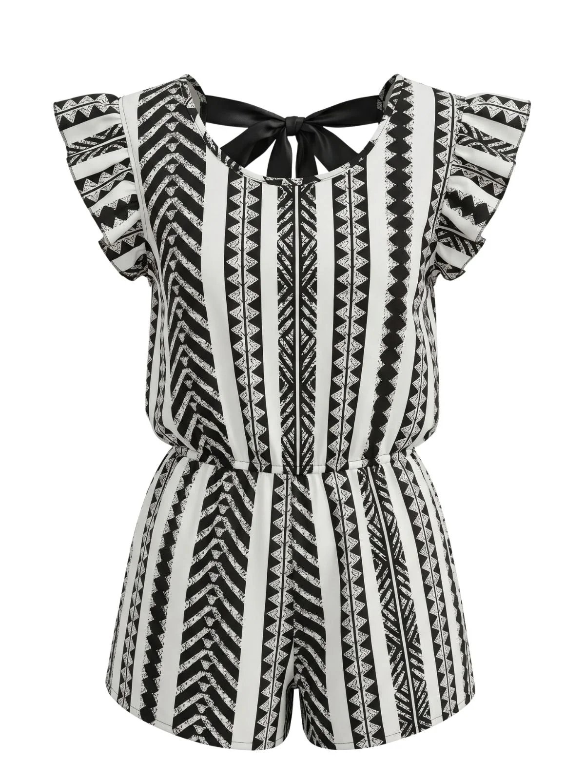 1970s Geometric Print Back-Tie Ruffle Sleeve Romper - Image 2