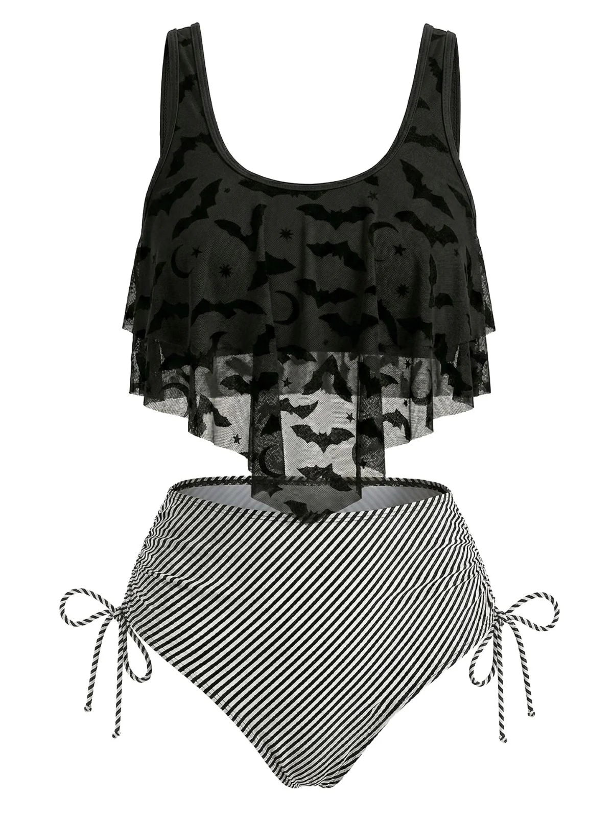1970s Gothic Mesh Striped Bat Print Tankini Set