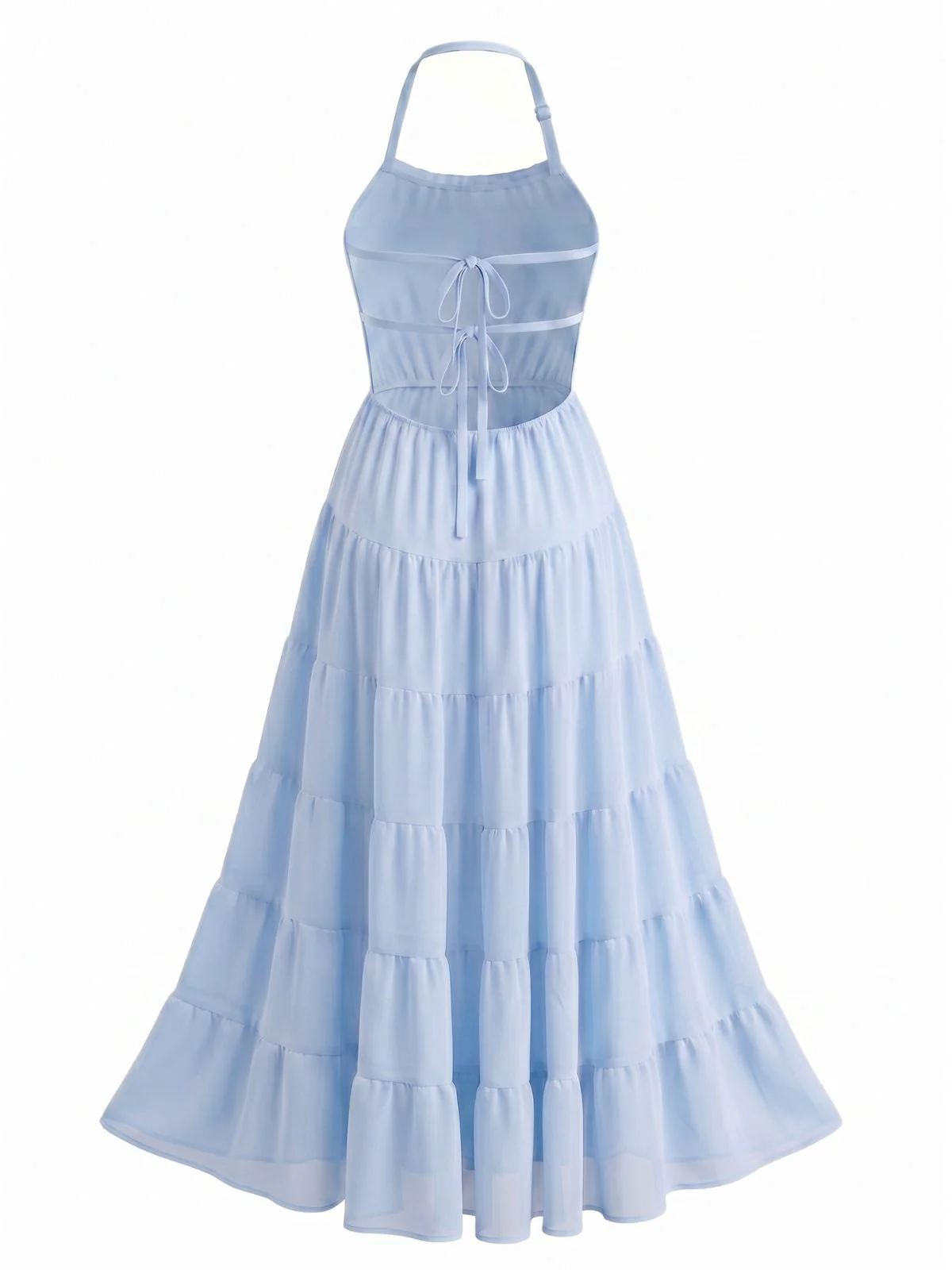 1970s Halter Chiffon Shirred Backless Tiered Maxi Dress - Image 5