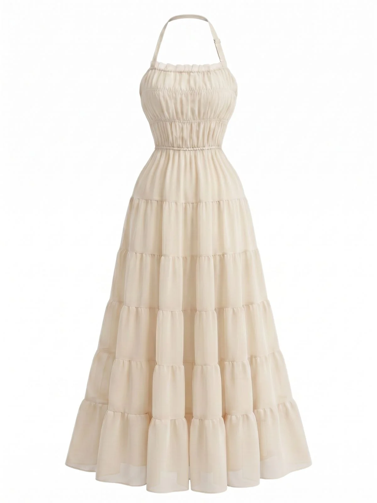 1970s Halter Chiffon Shirred Backless Tiered Maxi Dress - Image 6