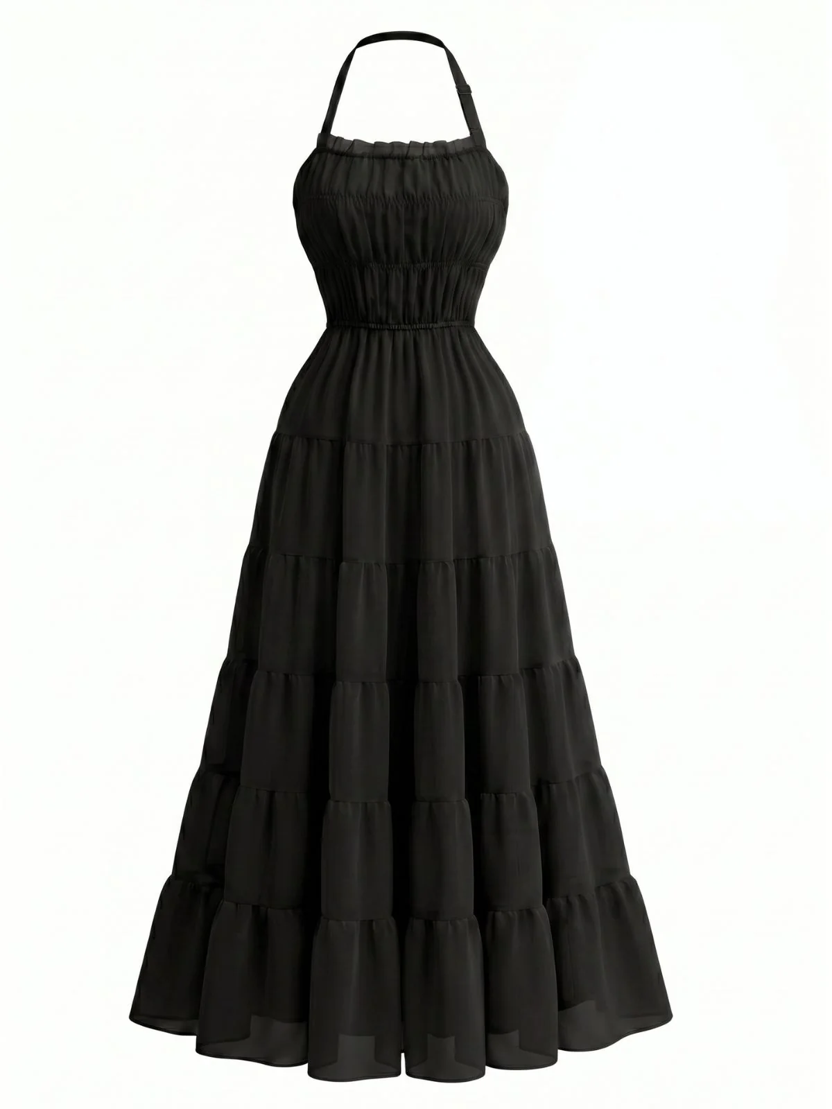 1970s Halter Chiffon Shirred Backless Tiered Maxi Dress - Image 8