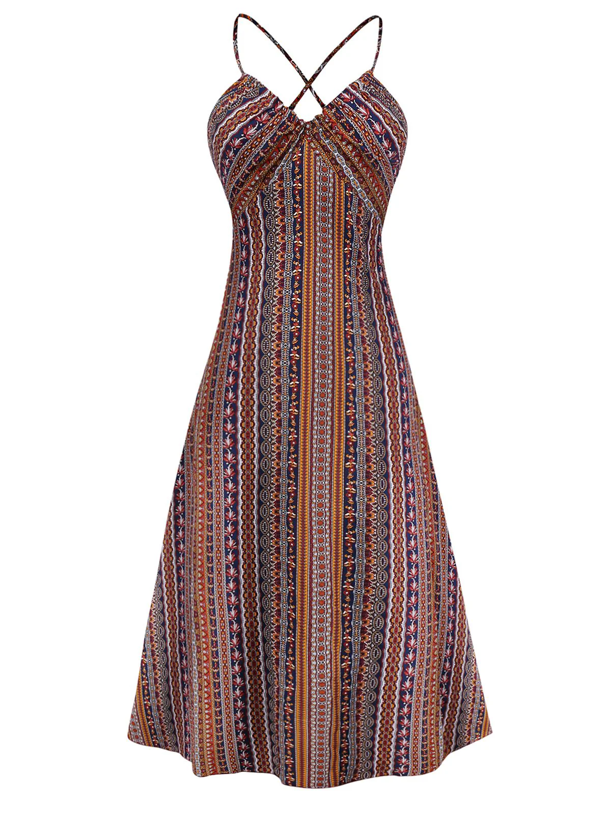 1970s Irregular Print Backless Boho Dress