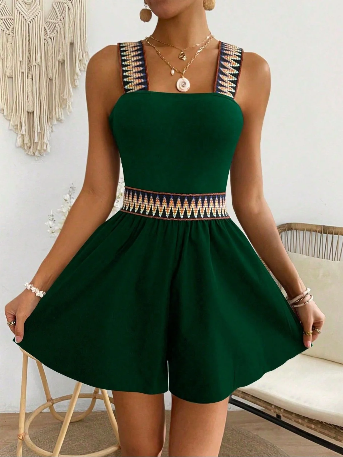 1970s Solid Ethnic Print Strap Romper - Image 14
