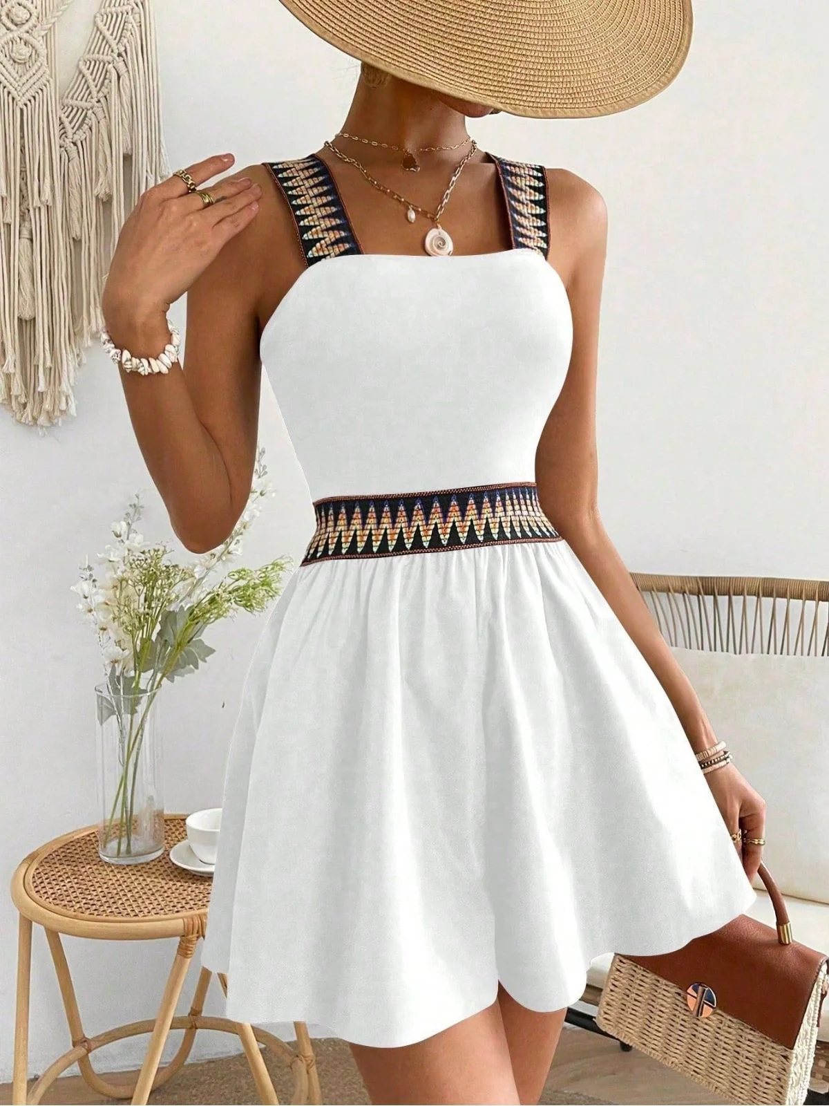 1970s Solid Ethnic Print Strap Romper - Image 18