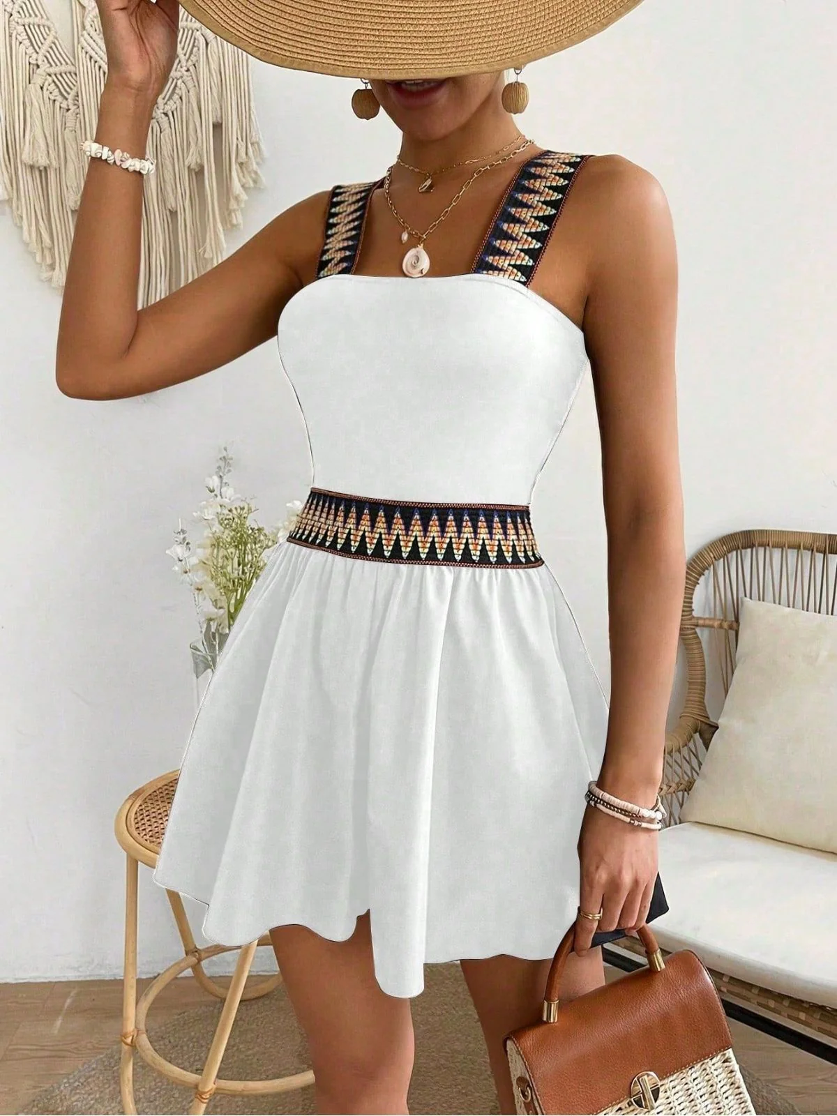 1970s Solid Ethnic Print Strap Romper - Image 19