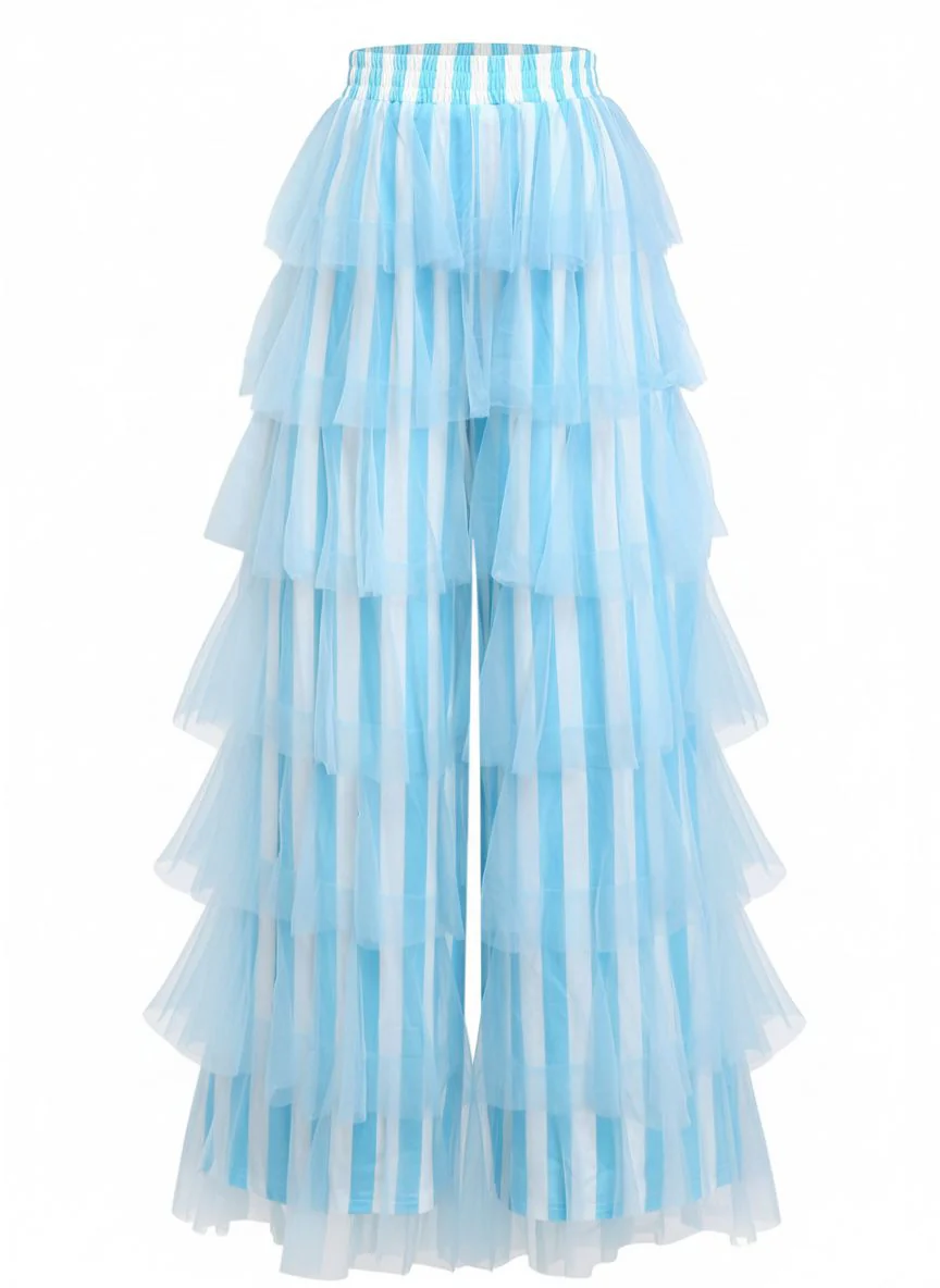 1970s Vertical Stripe Mesh Tiered Ruffle Pants