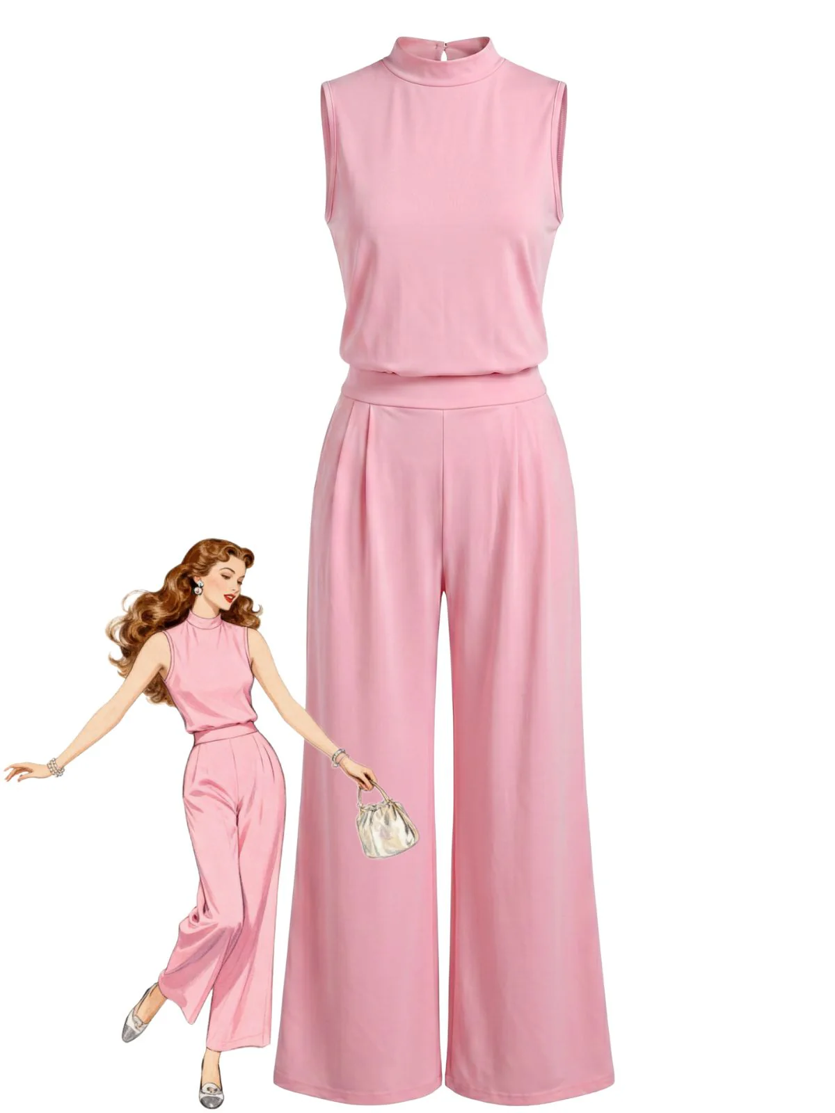 2PCS 1960s Mock Neck Sleeveless Wide Leg Pants Set